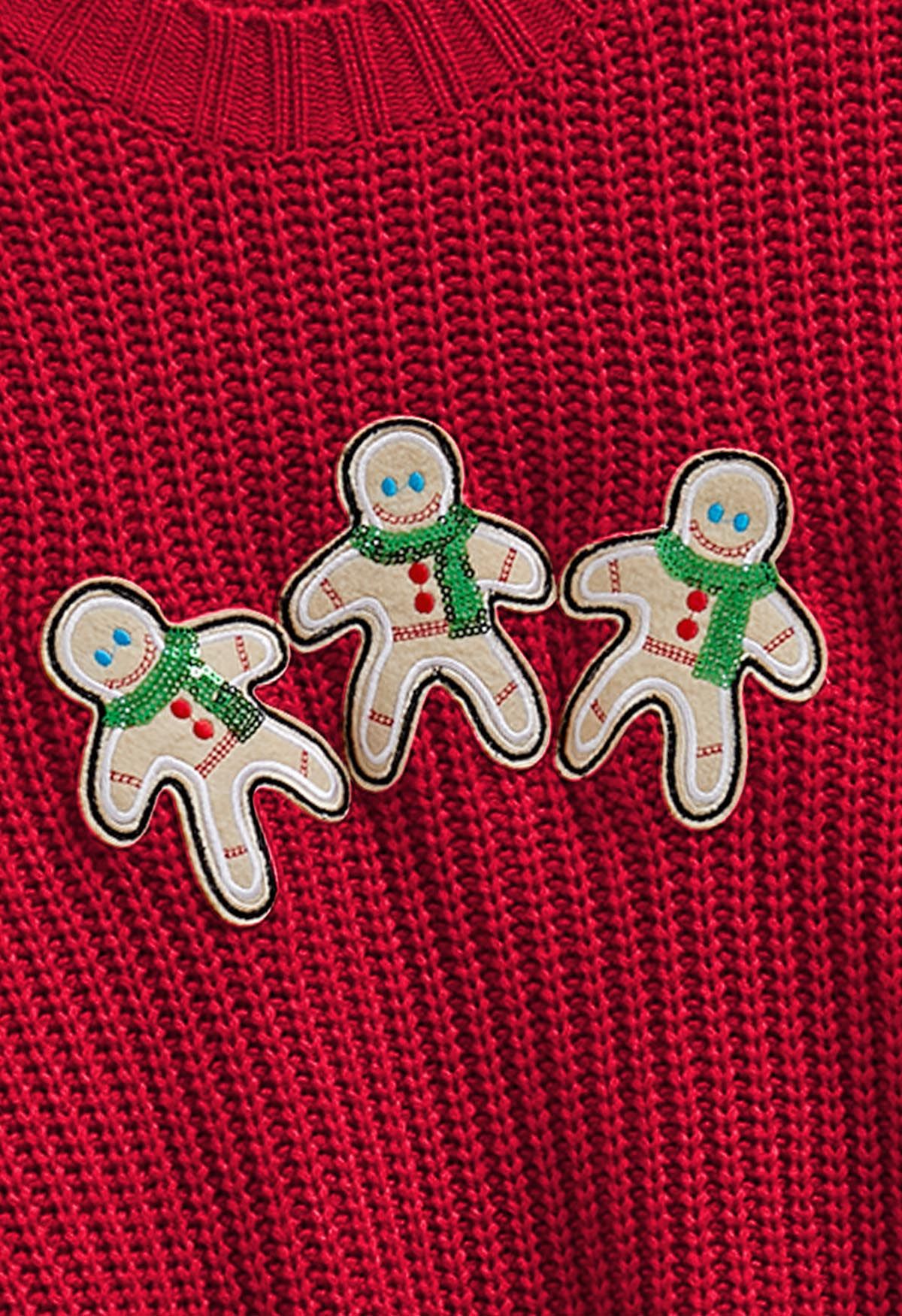 Gingerbread Man Patch Ribbed Sweater in Red