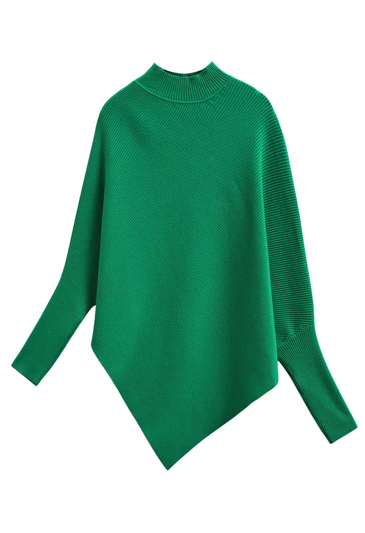 Asymmetric Batwing Sleeve Ribbed Knit Poncho in Green