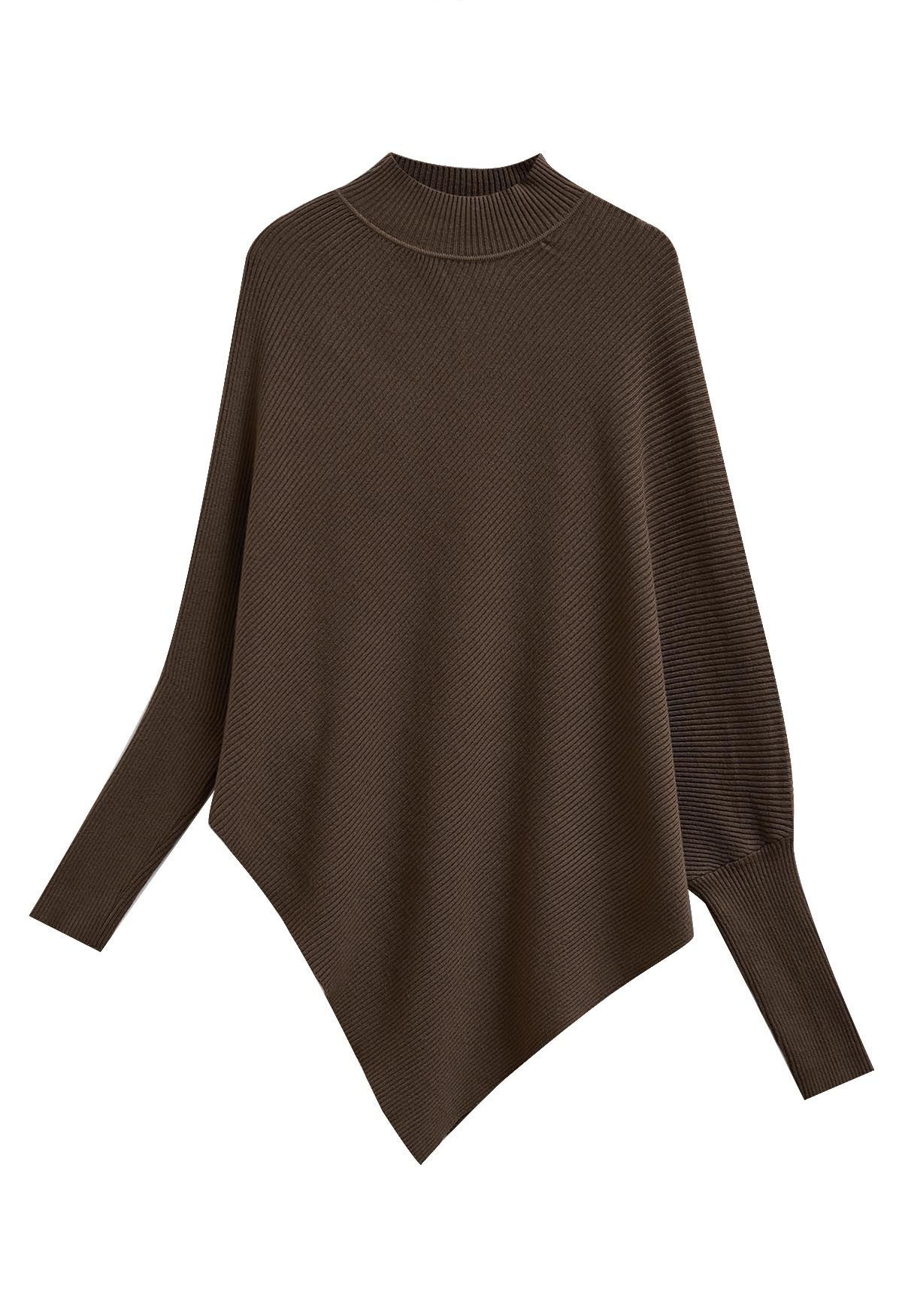 Asymmetric Batwing Sleeve Ribbed Knit Poncho in Brown