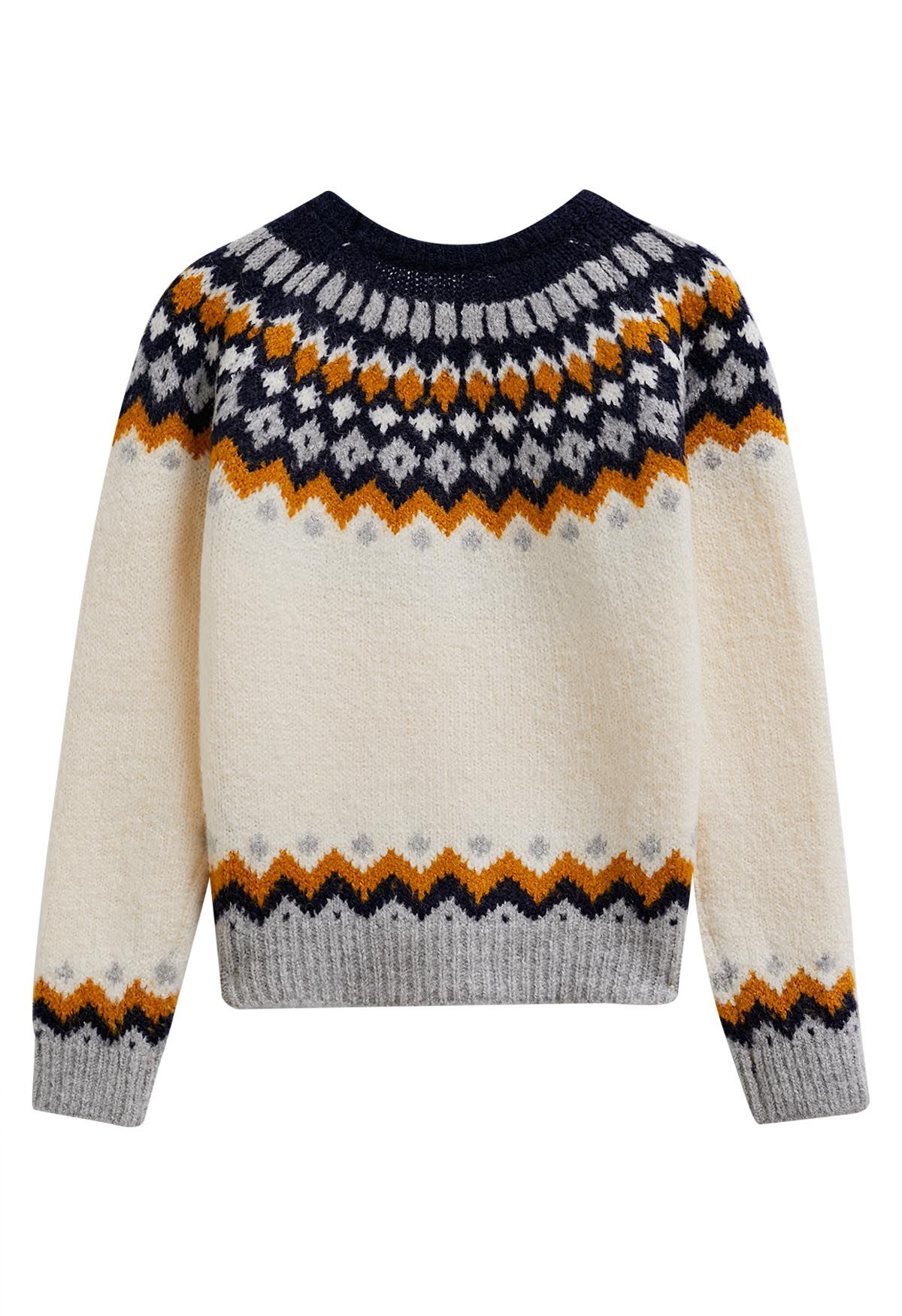 Fair Isle Style Pattern Knit Sweater in Cream