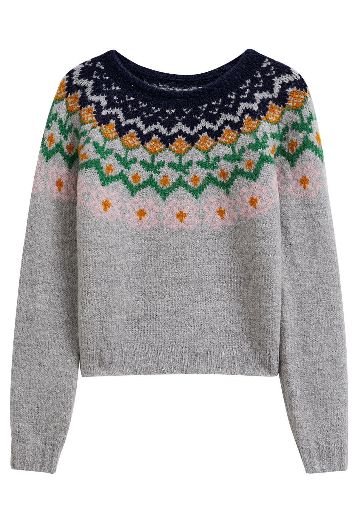 Fair Isle Multicolor Floral Knit Sweater
