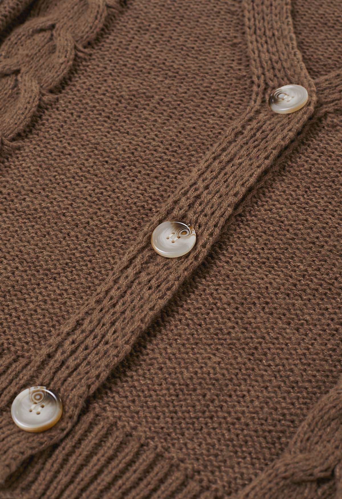 Braid Pattern Buttoned Knit Cardigan in Brown