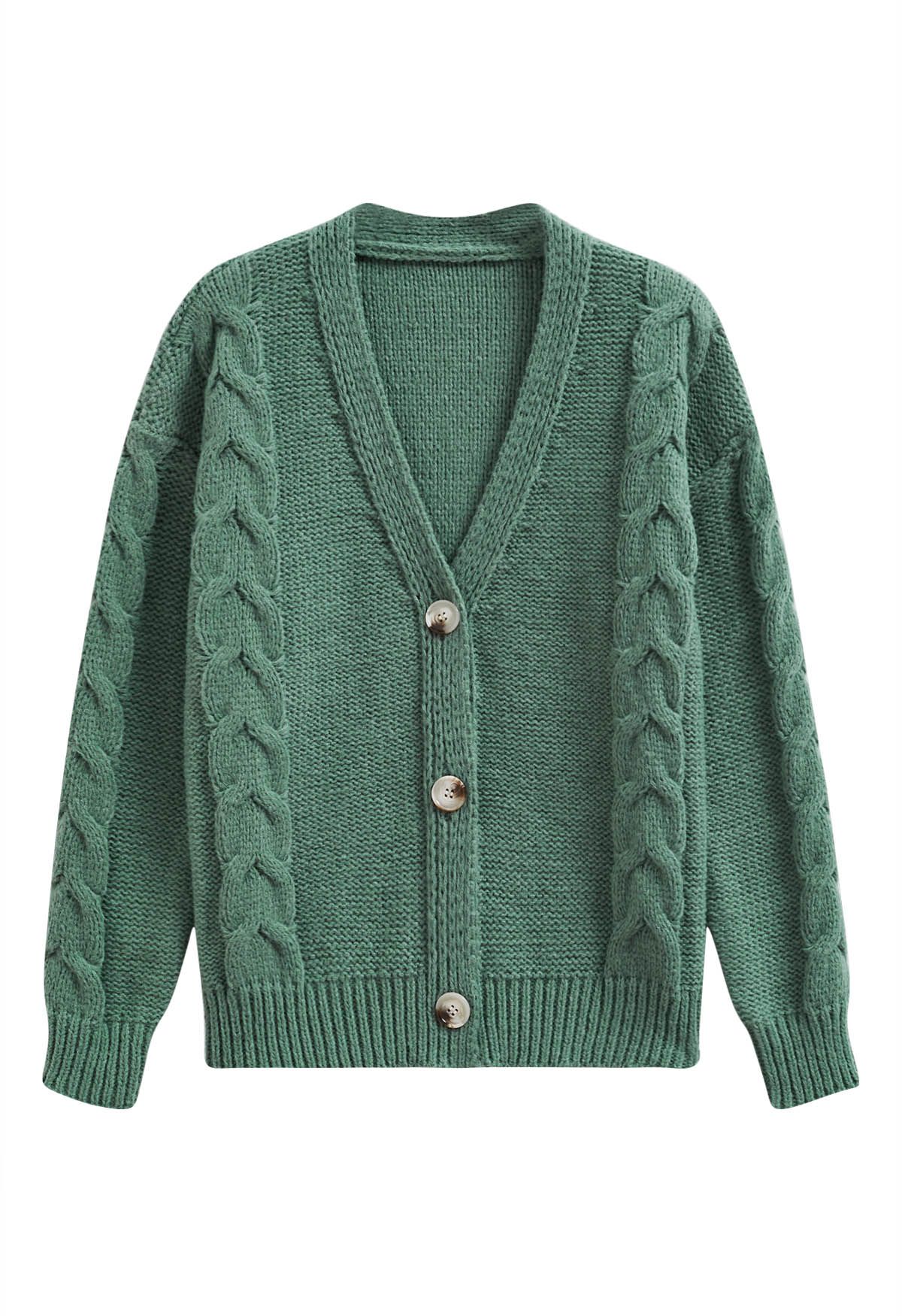 Braid Pattern Buttoned Knit Cardigan in Green