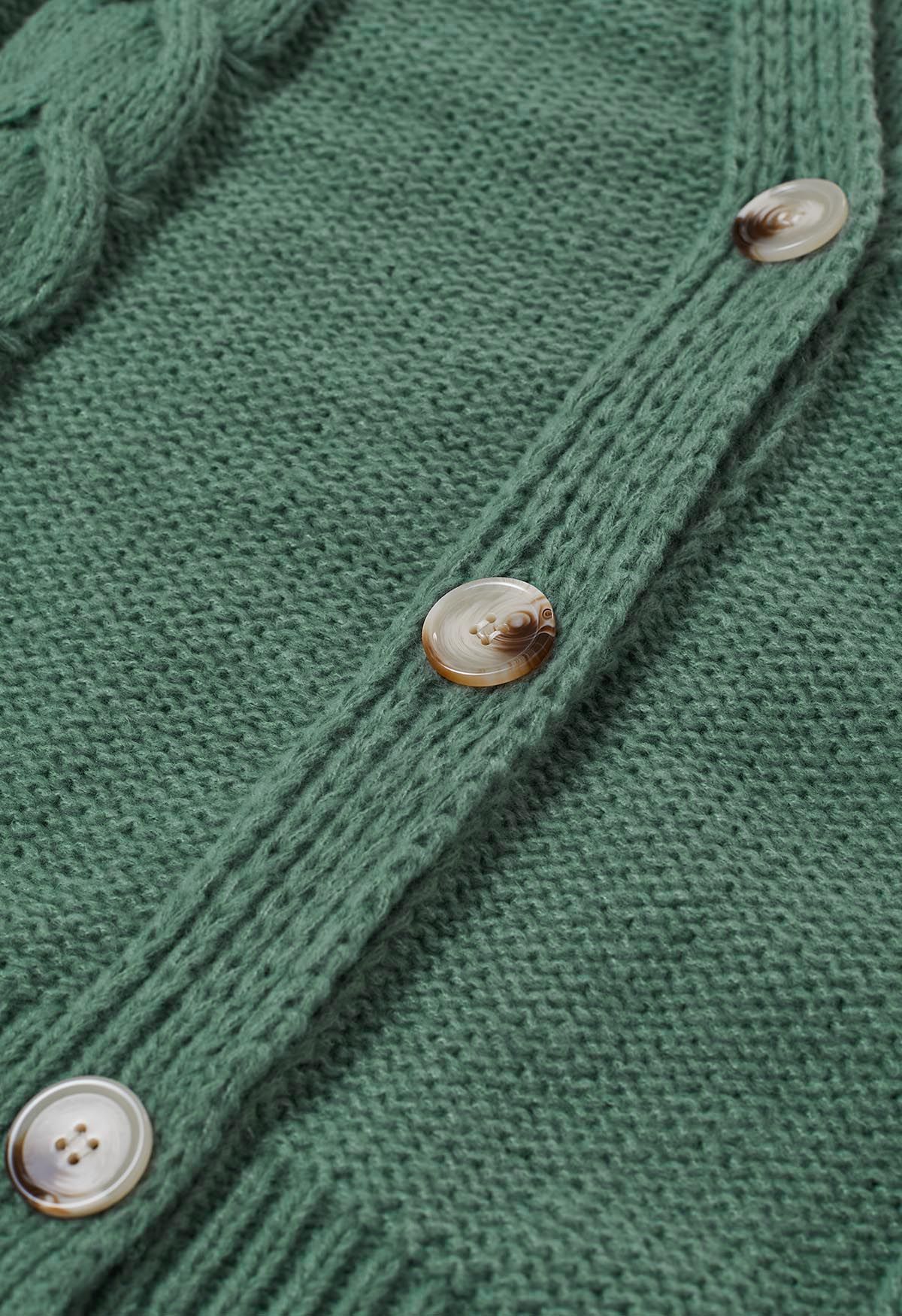 Braid Pattern Buttoned Knit Cardigan in Green