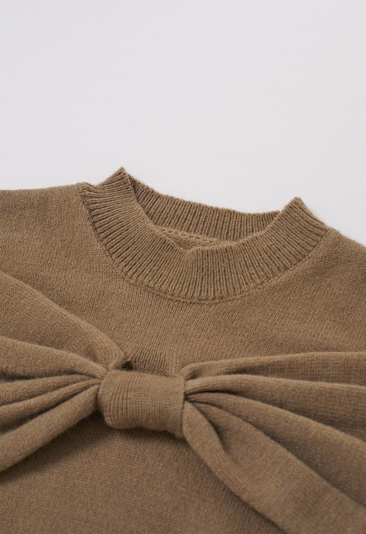 Bowknot Cold-Shoulder Knit Sweater in Khaki