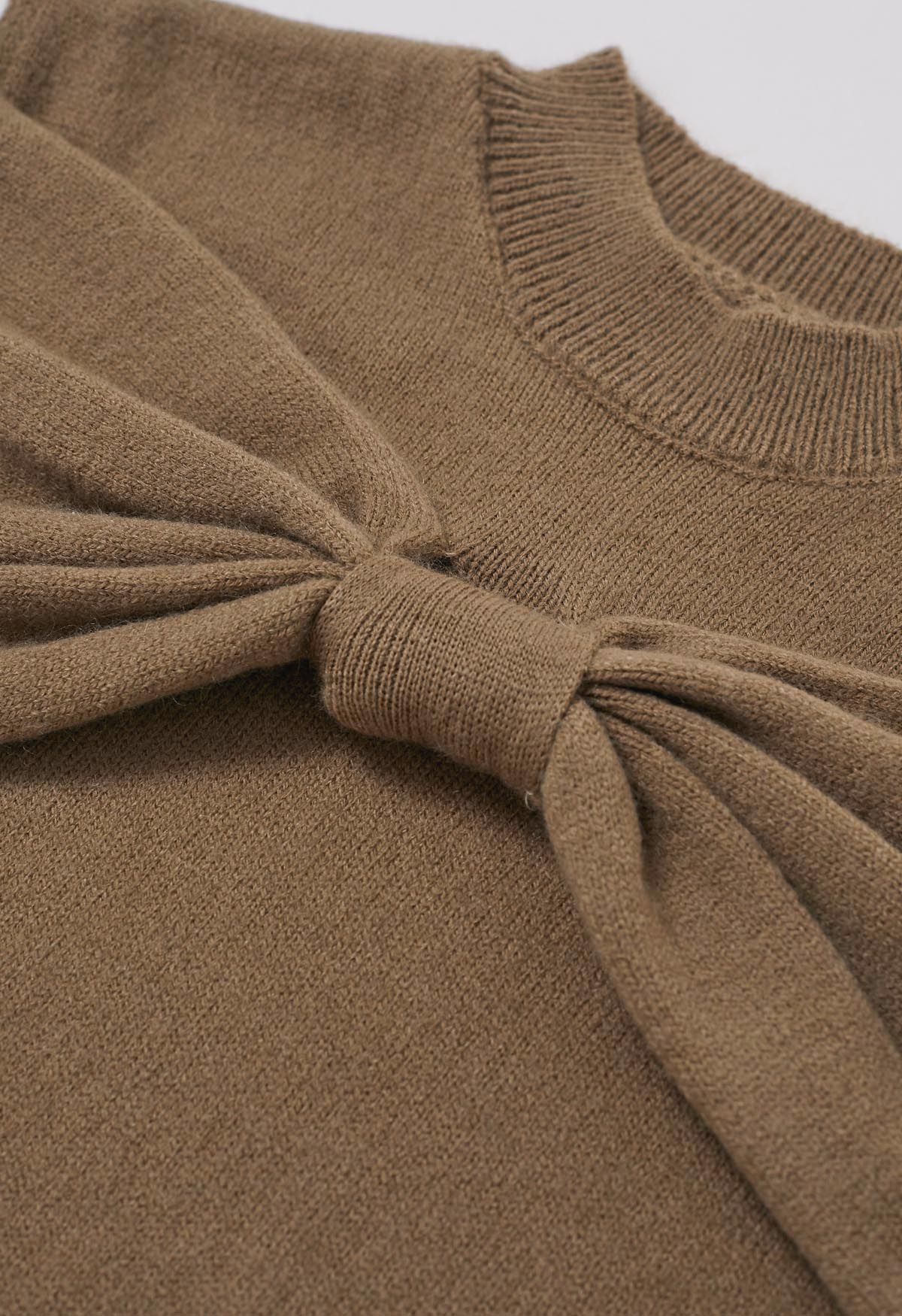 Bowknot Cold-Shoulder Knit Sweater in Khaki