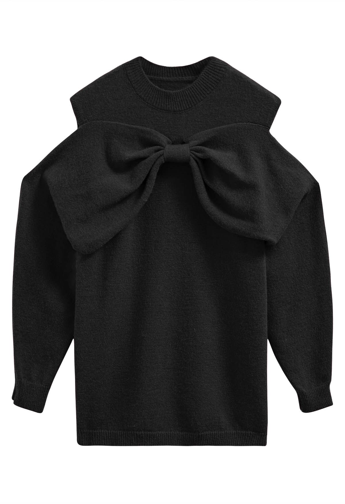 Bowknot Cold-Shoulder Knit Sweater in Black