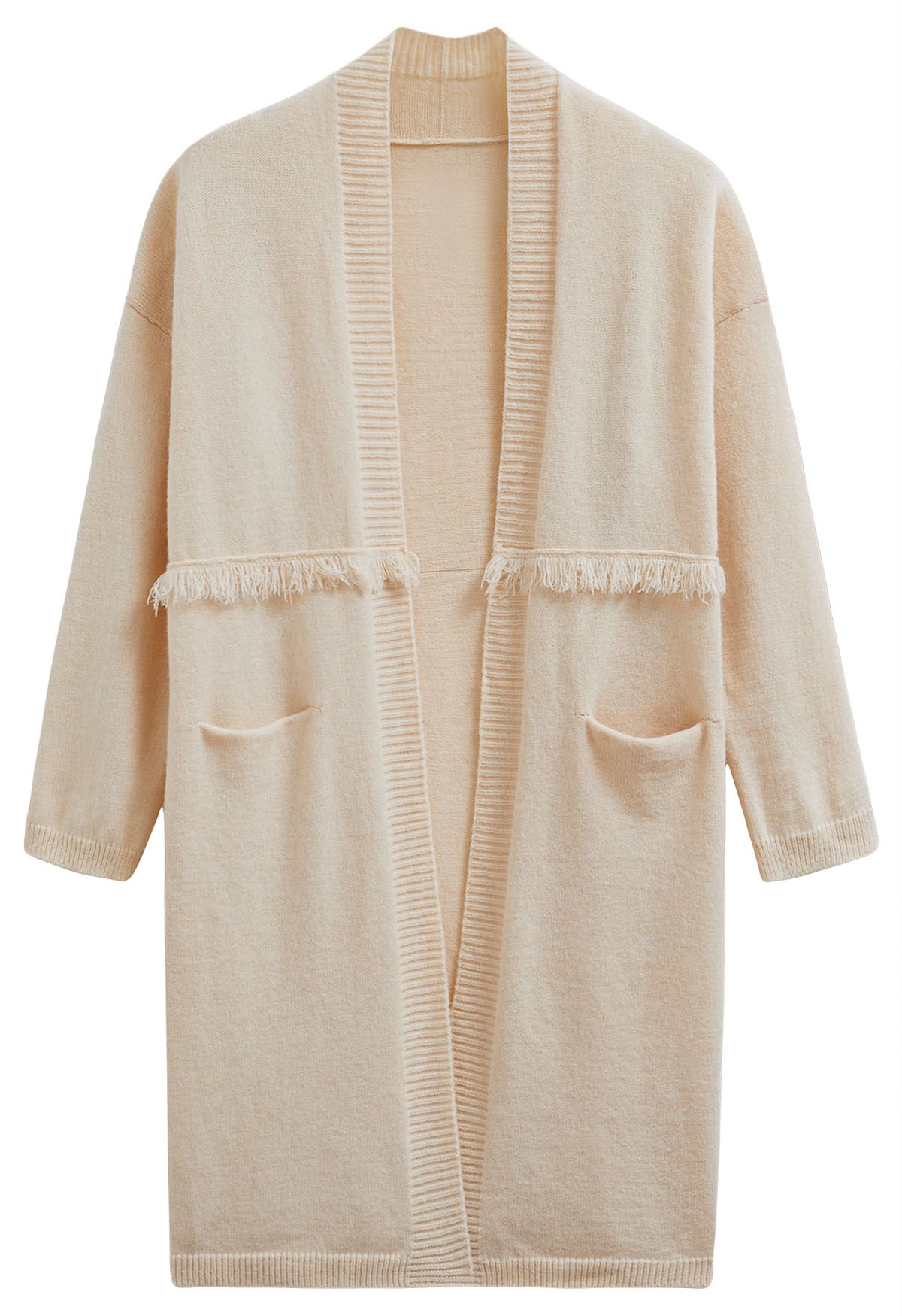 Open Front Fringed Waist Knit Cardigan in Cream