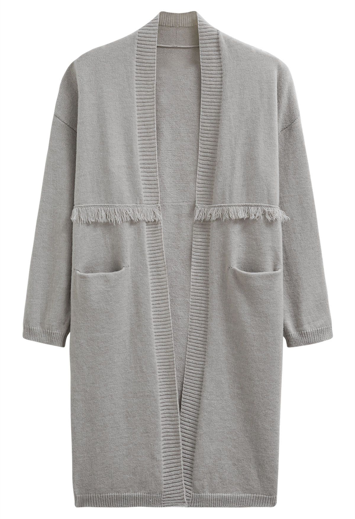 Open Front Fringed Waist Knit Cardigan in Grey