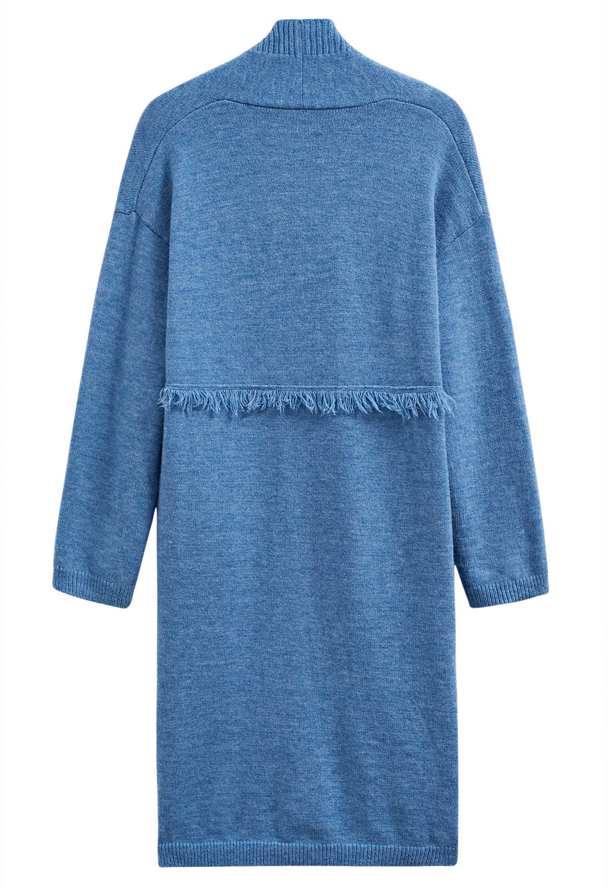 Open Front Fringed Waist Knit Cardigan in Blue