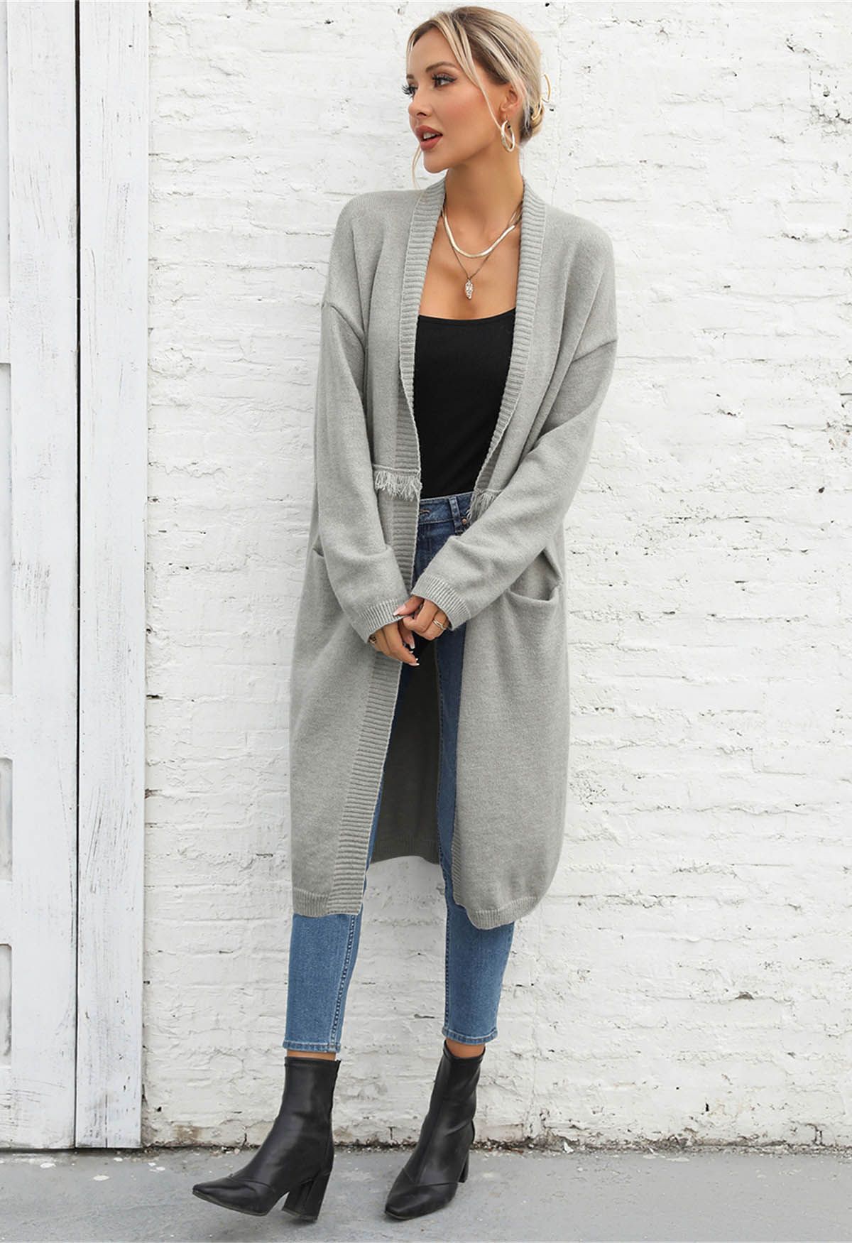 Open Front Fringed Waist Knit Cardigan in Grey
