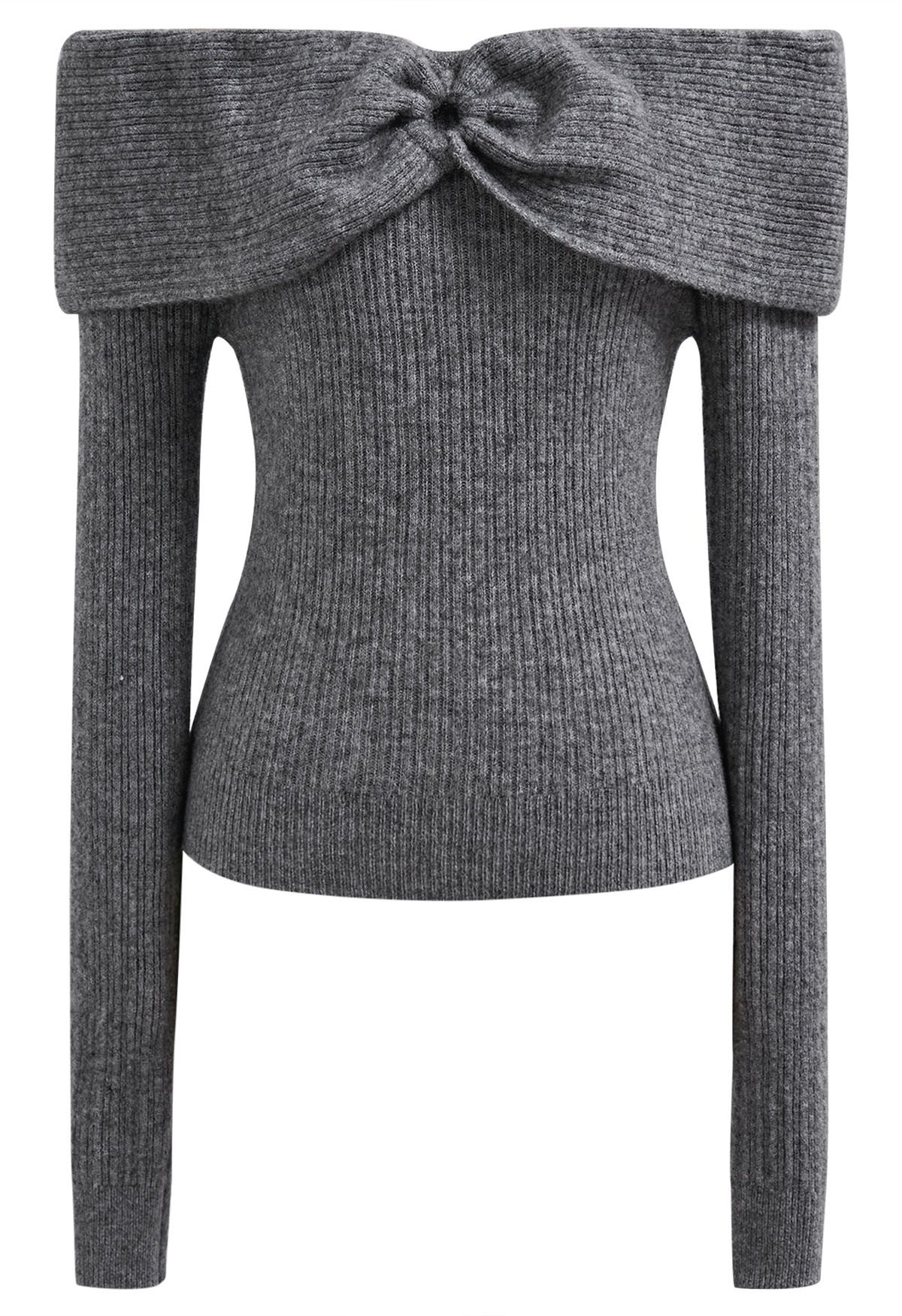 O-Ring Off-Shoulder Fitted Knit Top in Grey