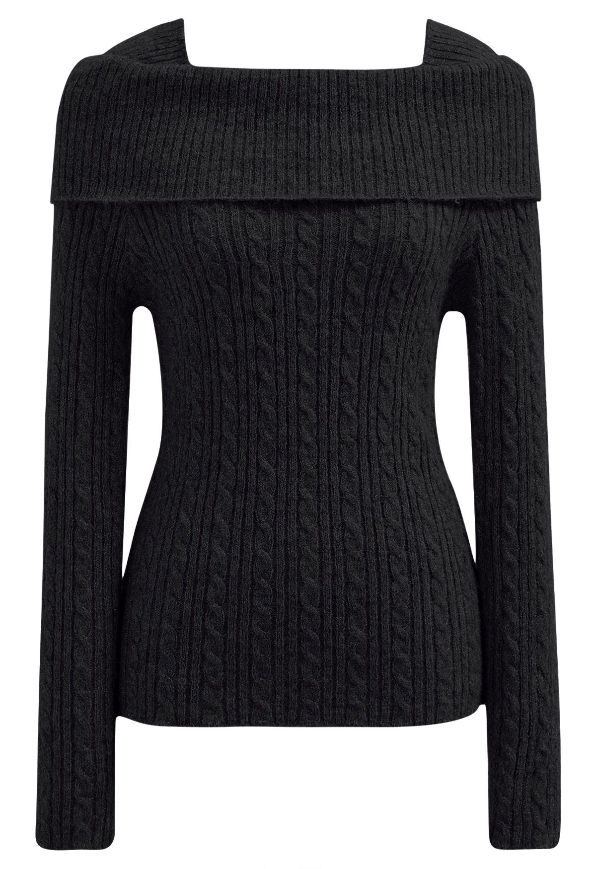 Folded Shoulder Cable Knit Top in Black - Retro, Indie and Unique Fashion