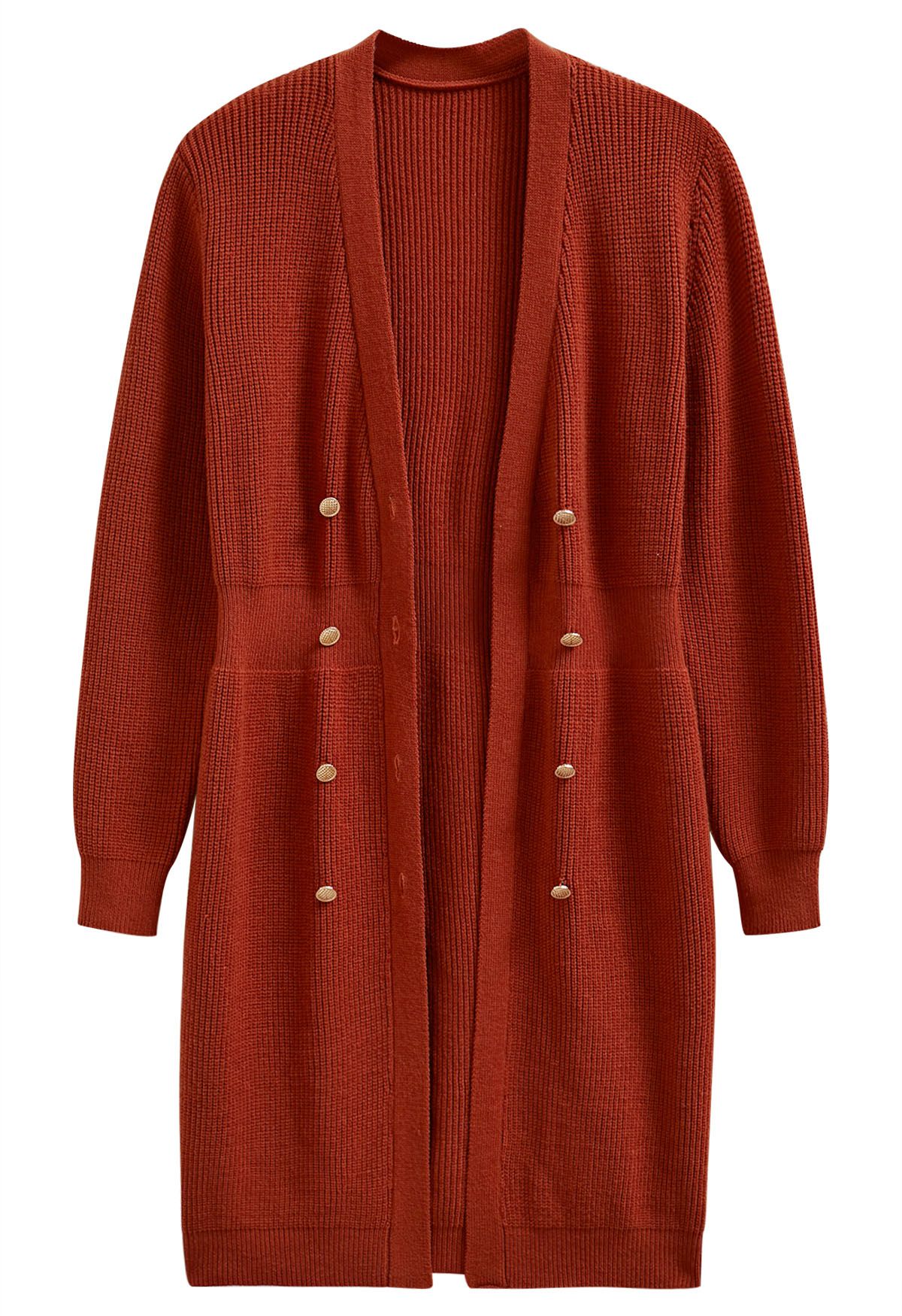 V-Neck Double-Breasted Knit Cardigan in Rust Red