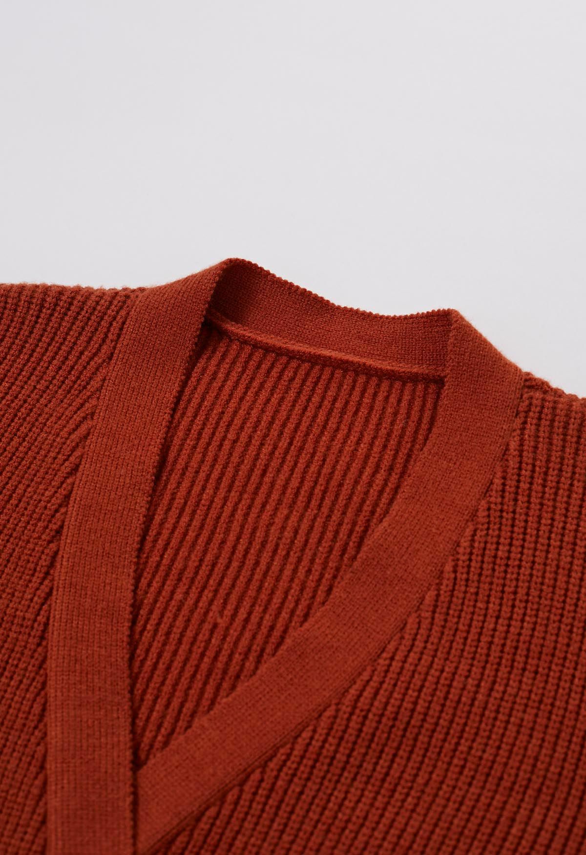 V-Neck Double-Breasted Knit Cardigan in Rust Red