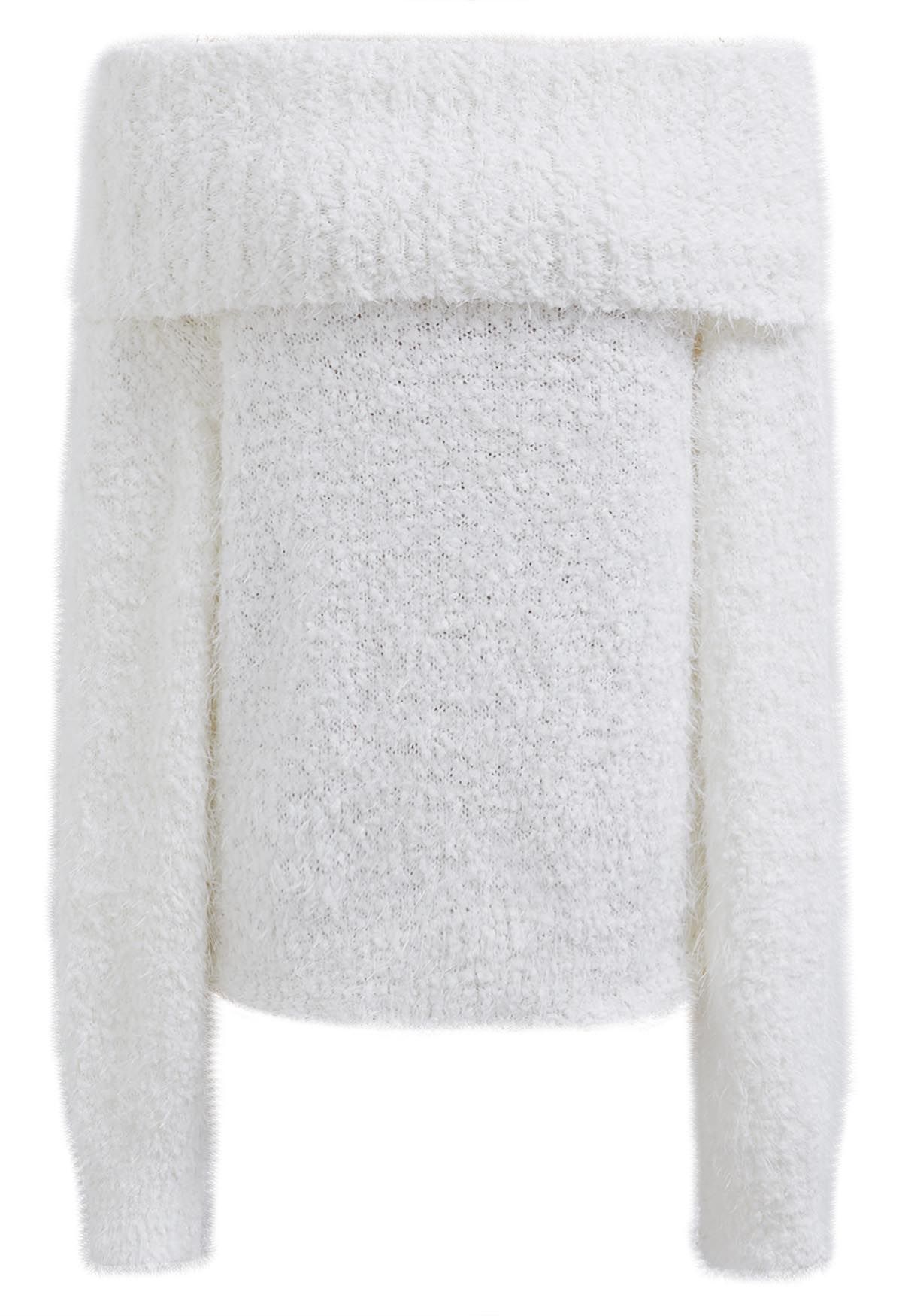 Folded Off-Shoulder Fuzzy Knit Sweater in White - Retro, Indie and ...