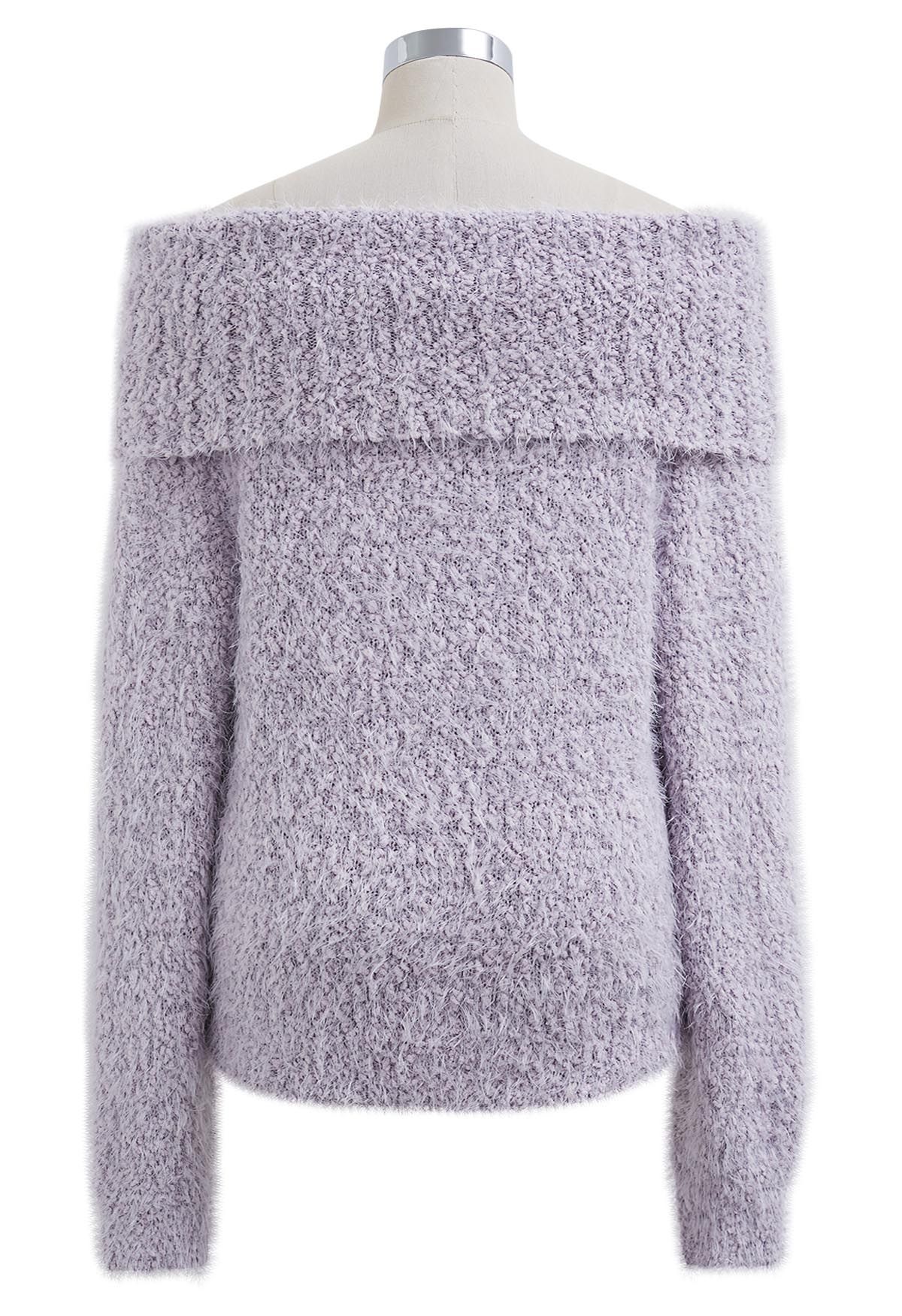 Folded Off-Shoulder Fuzzy Knit Sweater in Lavender