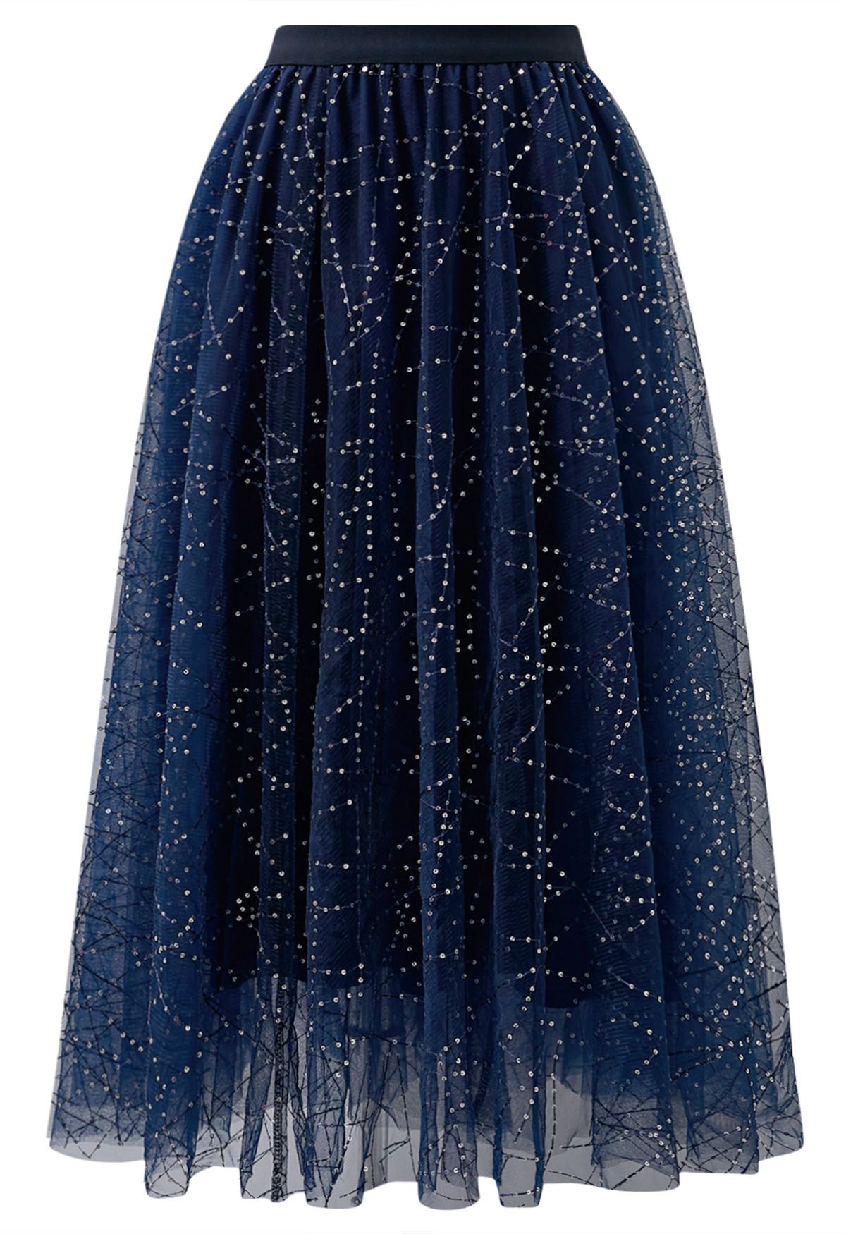 Sequined Embroidery Double-Layered Mesh Tulle Midi Skirt in Navy