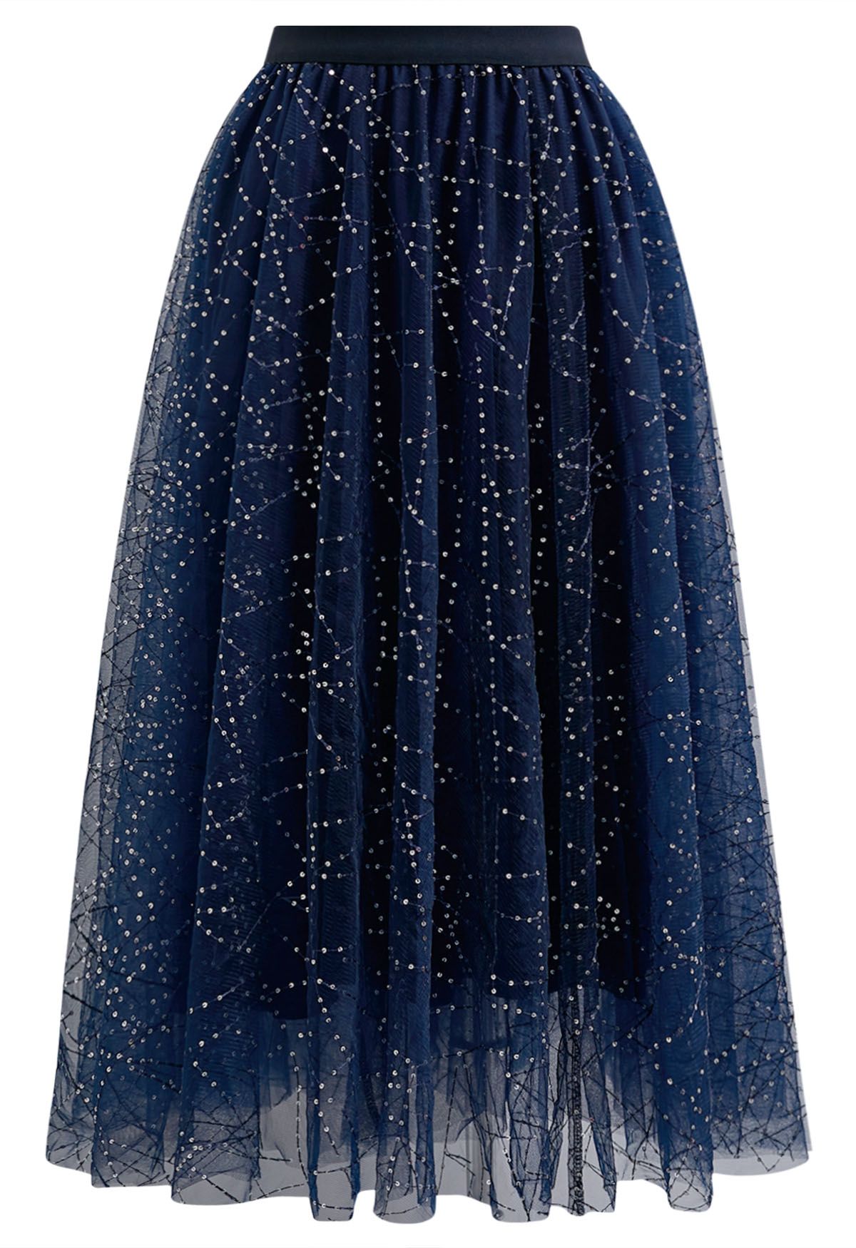 Sequined Embroidery Double-Layered Mesh Tulle Midi Skirt in Navy