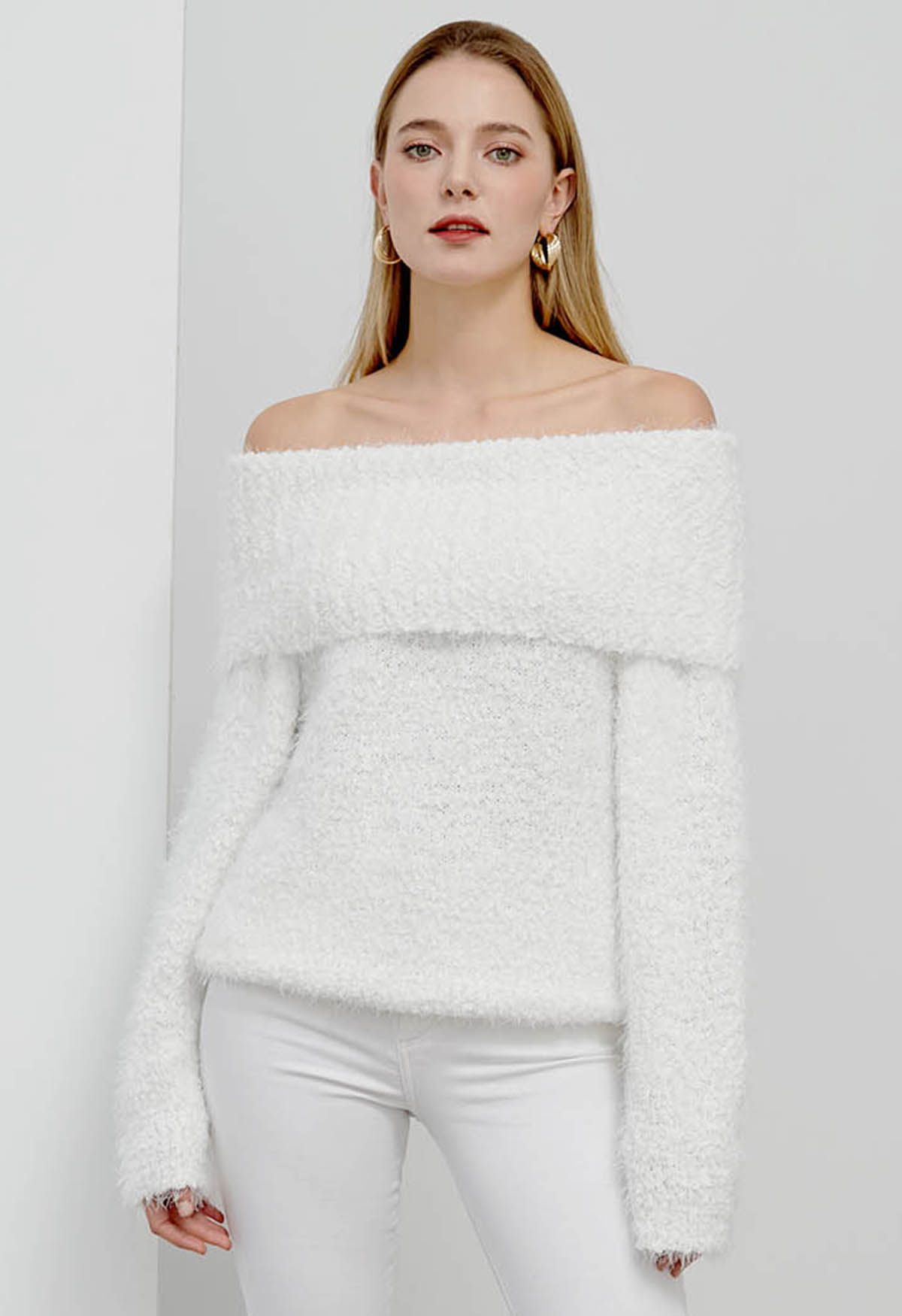 Folded Fuzzy Knit Sweater in White - Retro, Indie and Unique Fashion