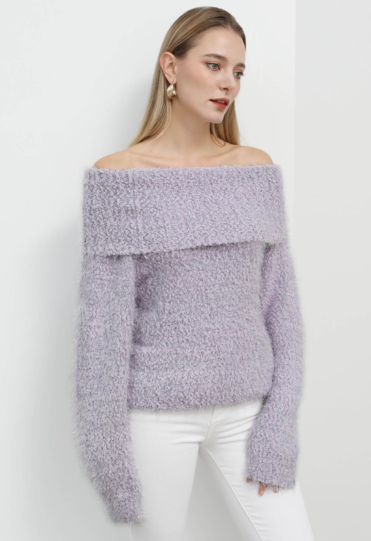 Folded Off-Shoulder Fuzzy Knit Sweater in Lavender