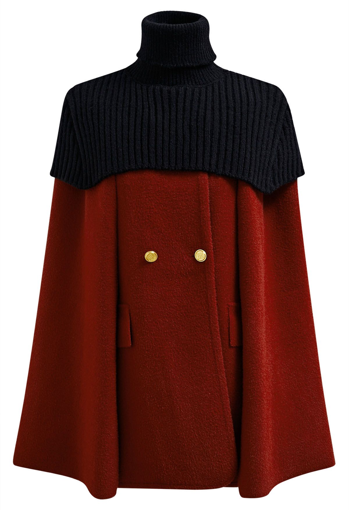 Turtleneck Double-Breasted Twinset Cape Coat in Red