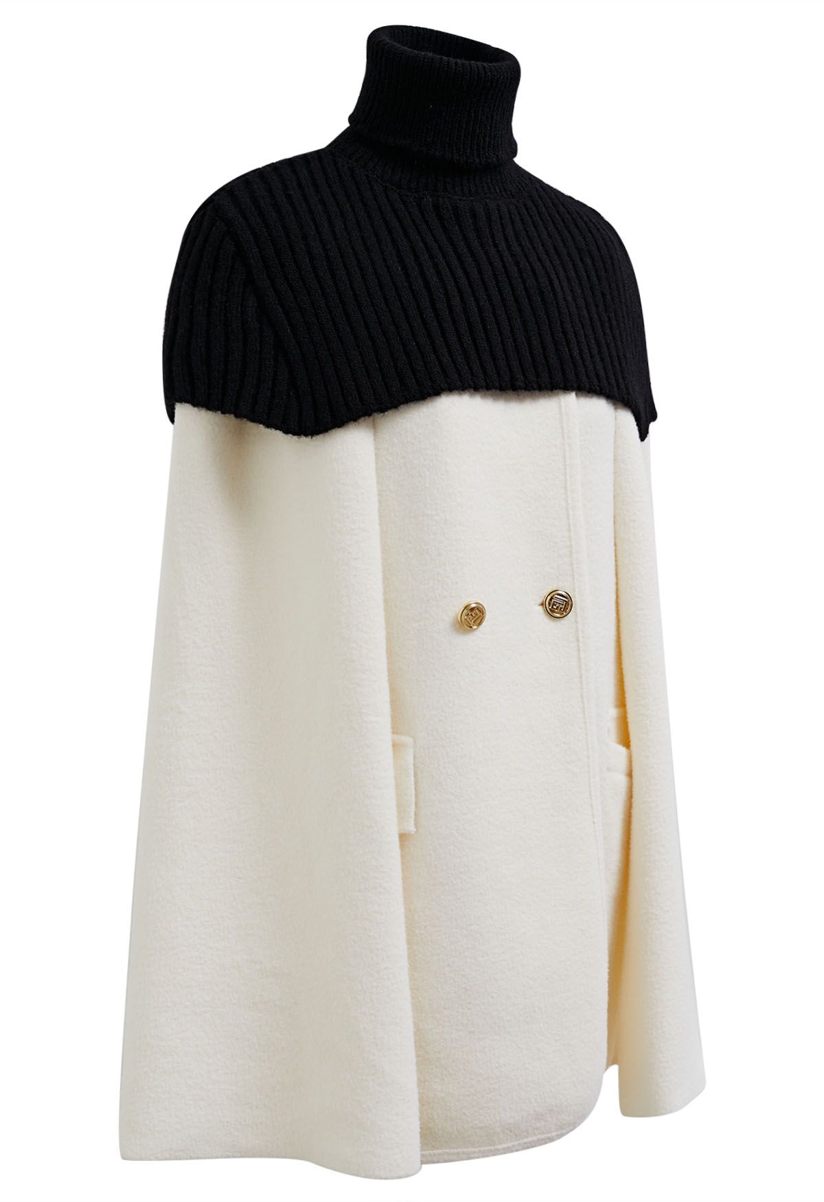 Turtleneck Double-Breasted Twinset Cape Coat in Ivory