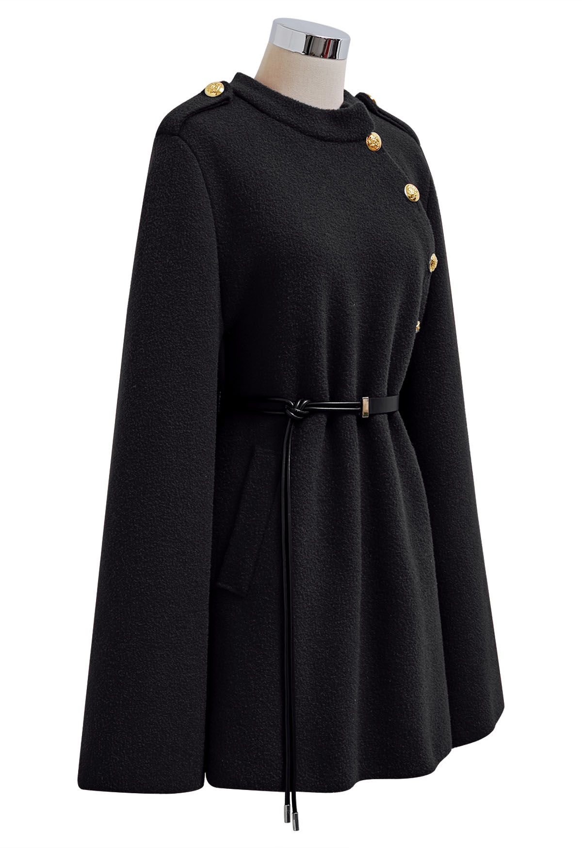 Golden Button Belted Cape Coat in Black
