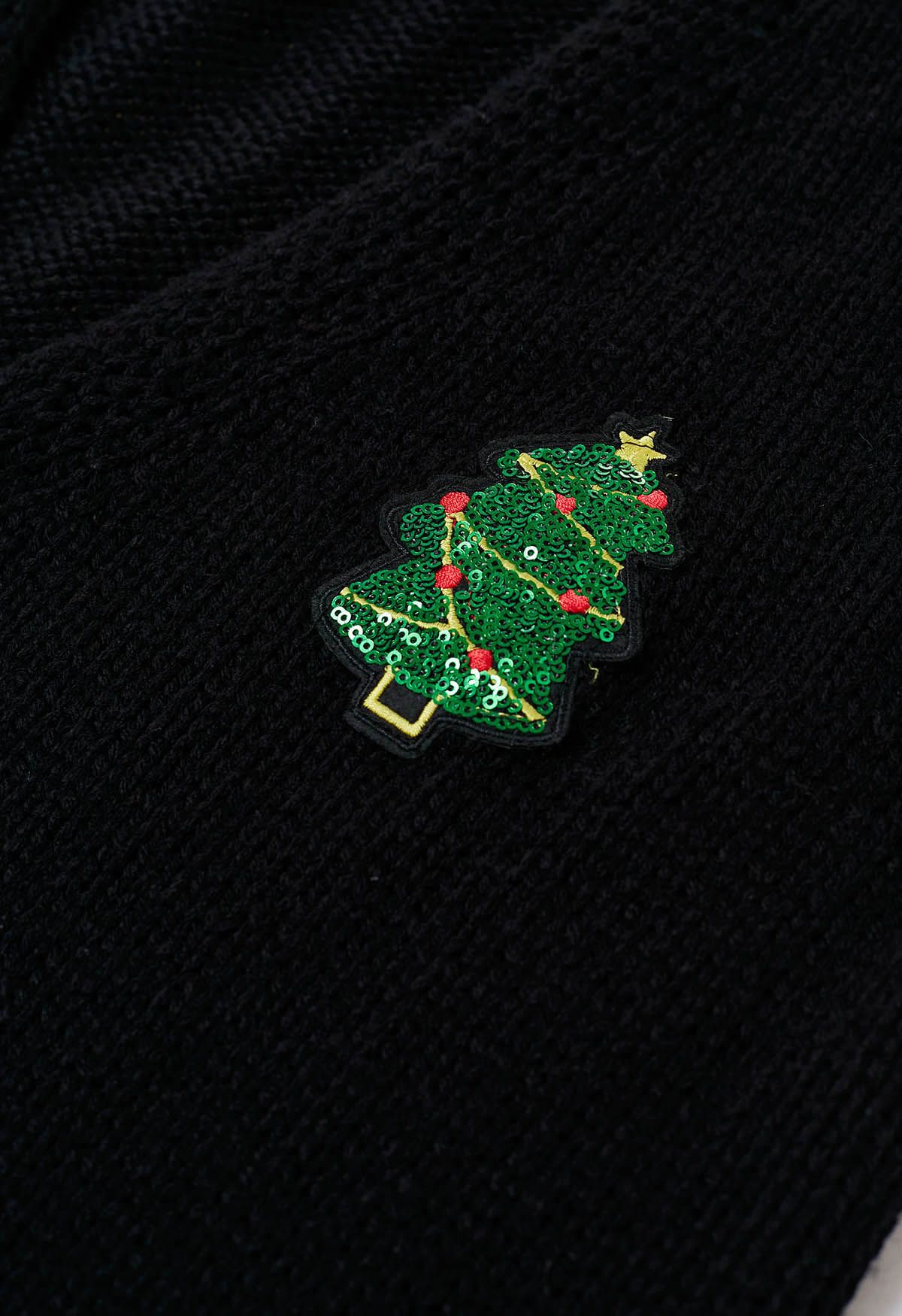 Sequin Christmas Tree Patch Button-Up Cardigan in Black