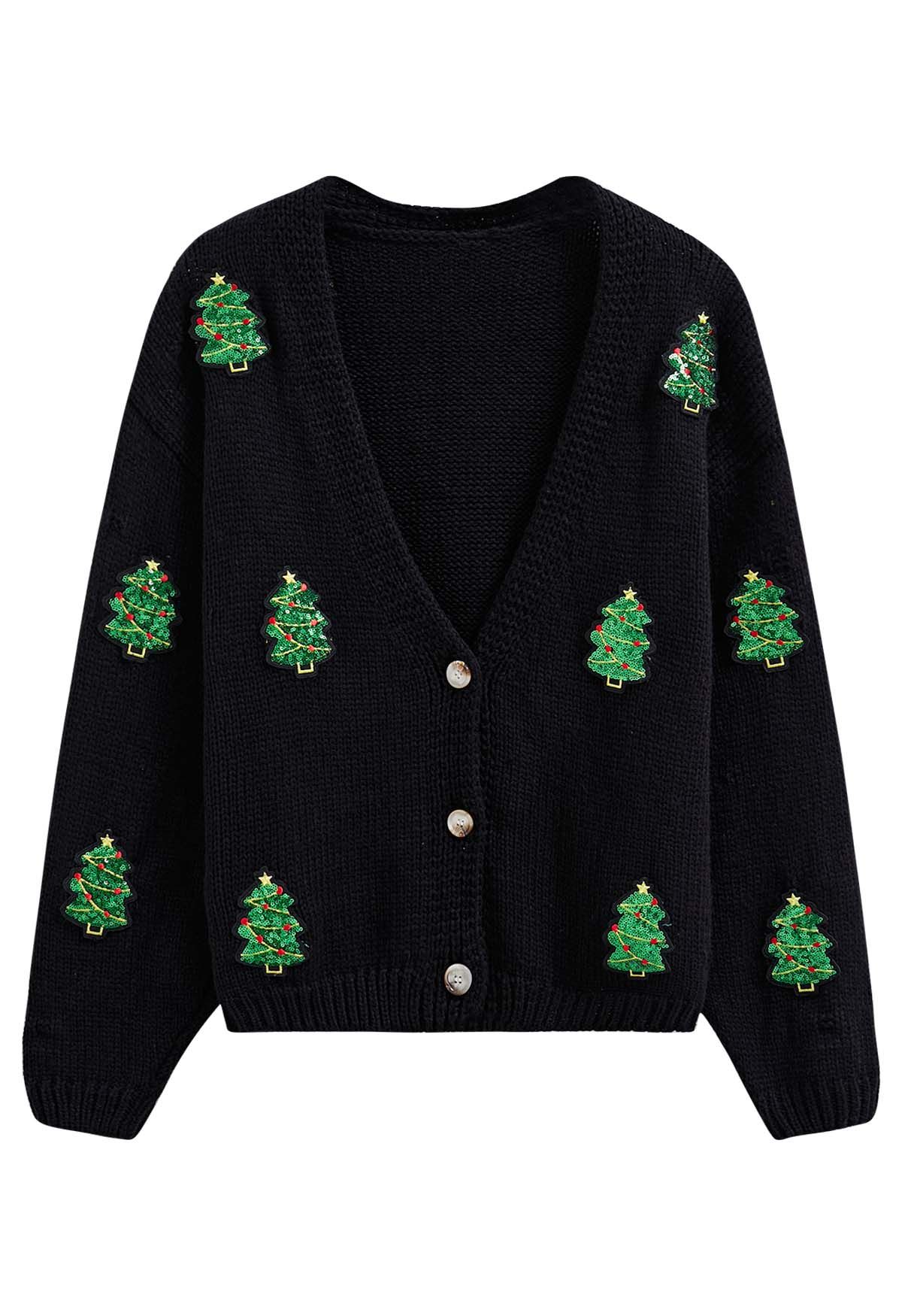 Sequin Christmas Tree Patch Button-Up Cardigan in Black