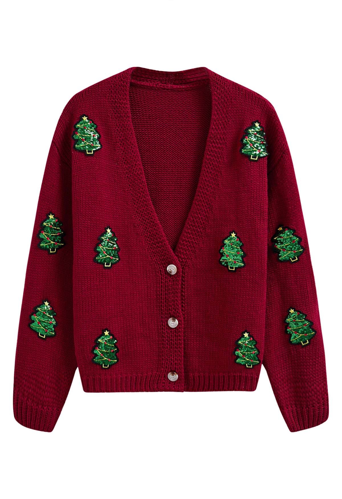 Sequin Christmas Tree Patch Button-Up Cardigan in Red