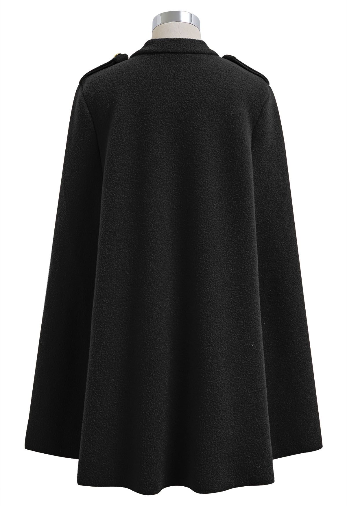 Golden Button Belted Cape Coat in Black