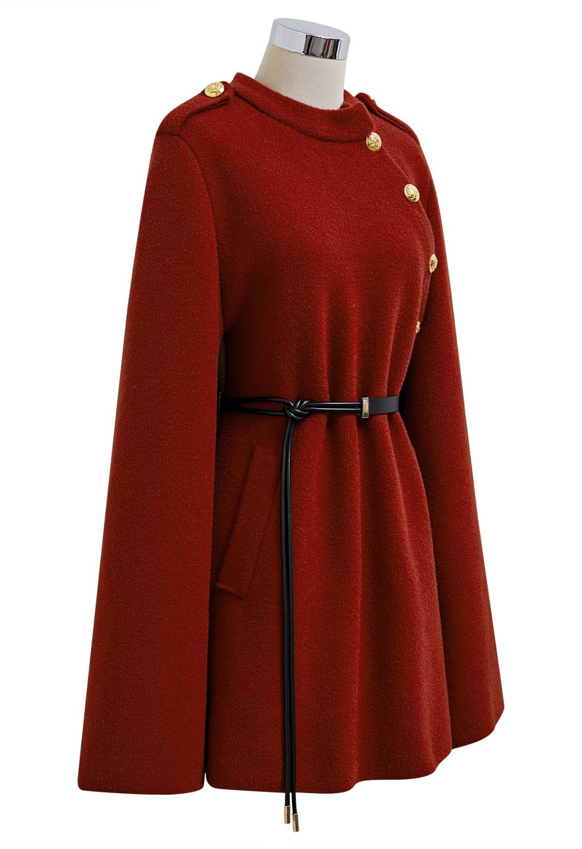 Golden Button Belted Cape Coat in Red - Retro, Indie and Unique Fashion