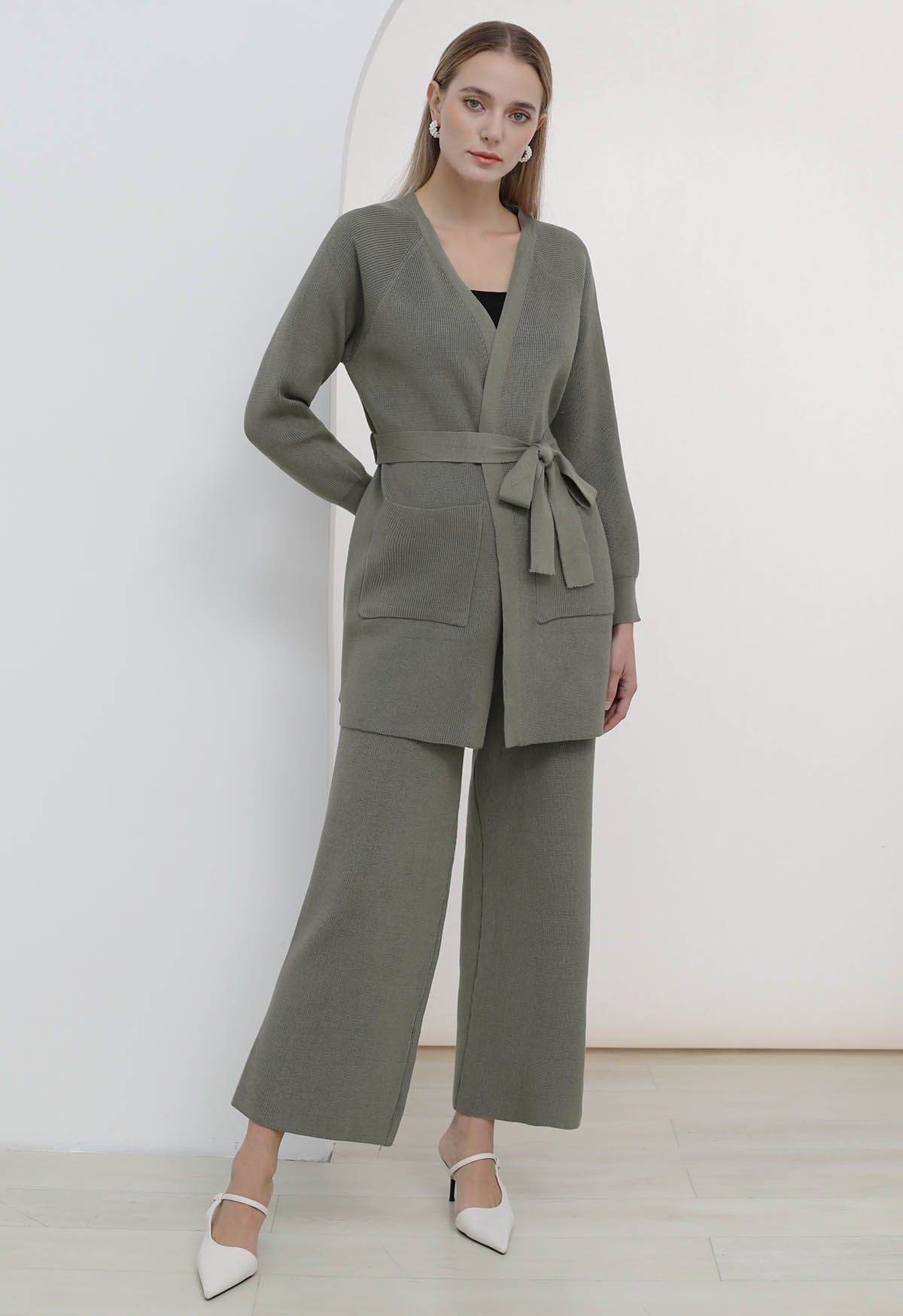 Tie-Waist Knit Cardigan and Pants Set in Sage