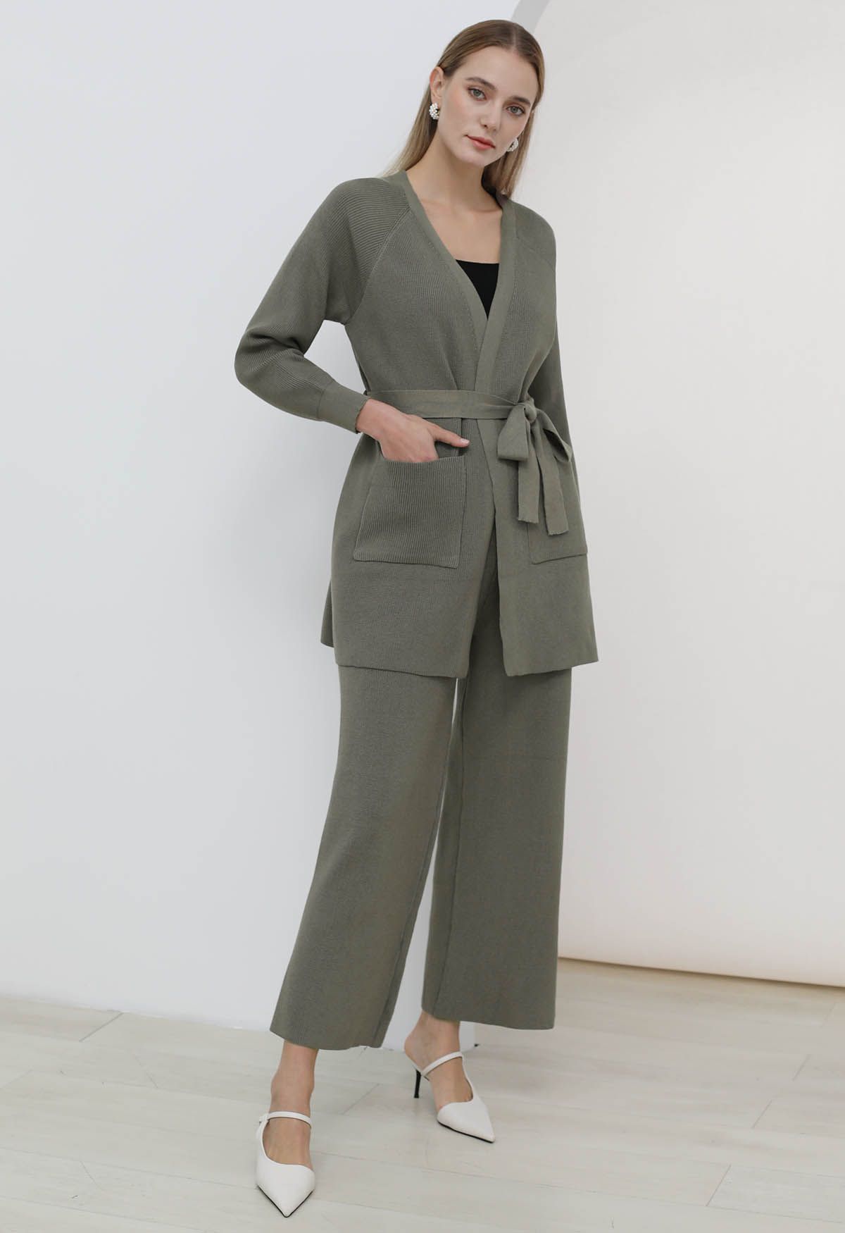 Tie-Waist Knit Cardigan and Pants Set in Sage