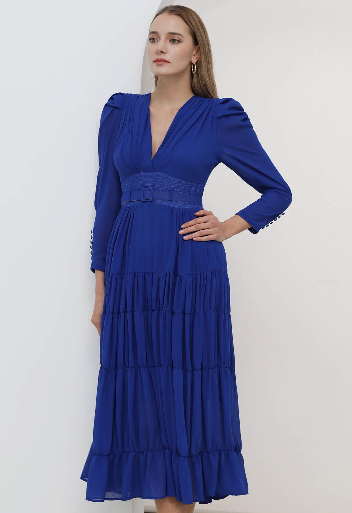 V-Neck Shirred Tiered Belted Chiffon Dress in Indigo - Retro, Indie and ...