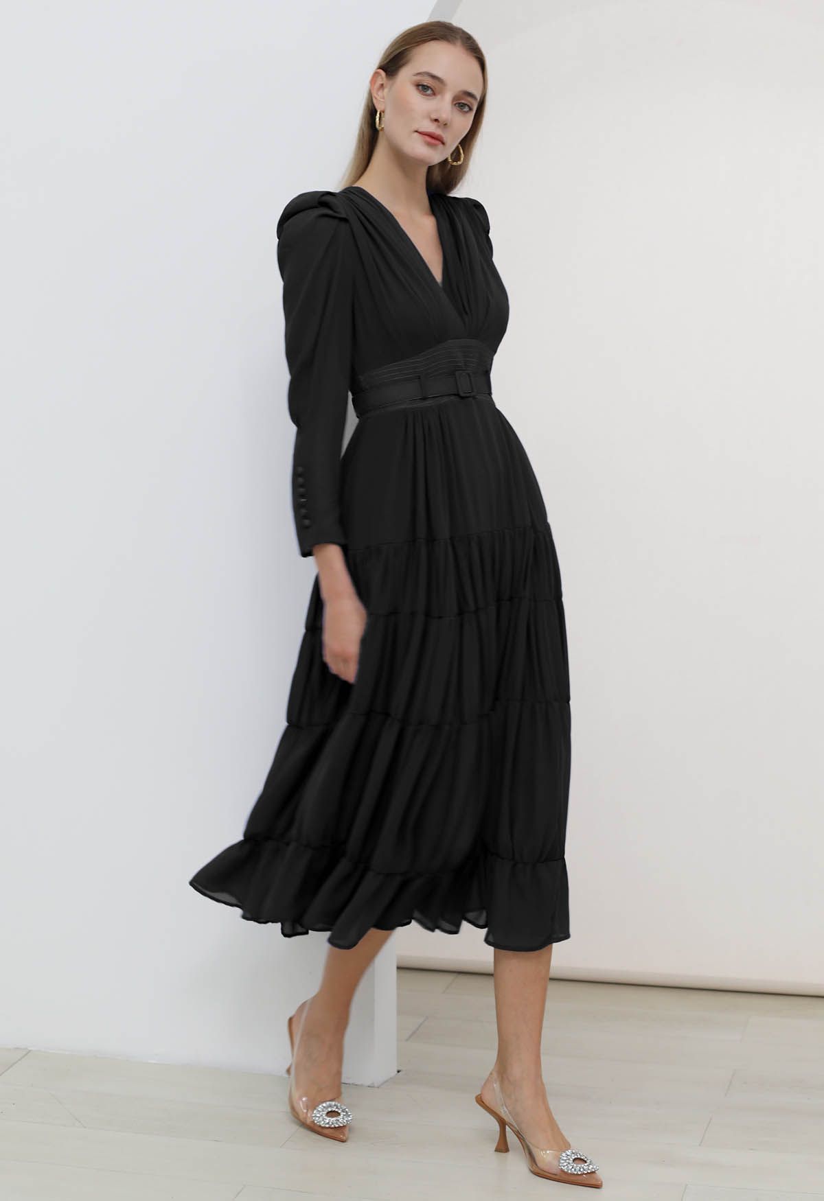 V-Neck Shirred Tiered Belted Chiffon Dress in Black - Retro, Indie and ...