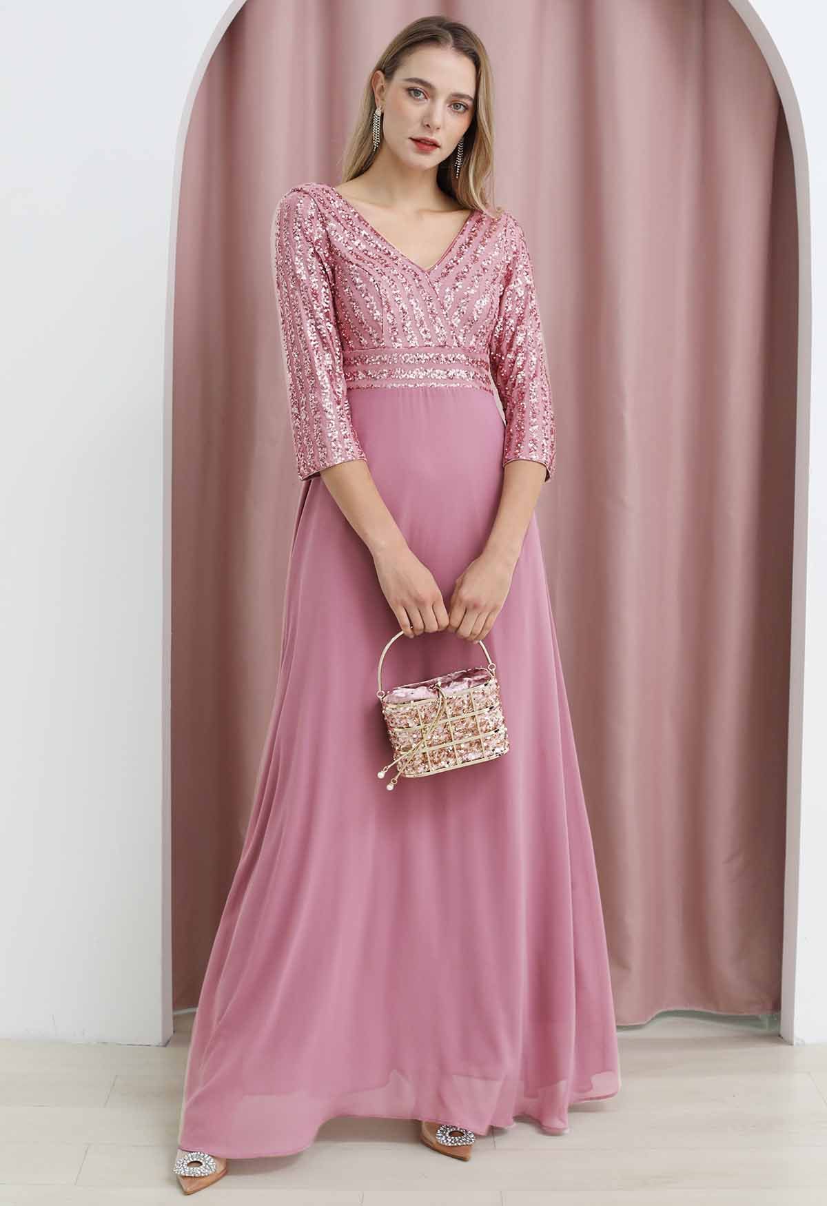 Exquisite Sequin V-Neck Chiffon Maxi Gown in Dusty Pink