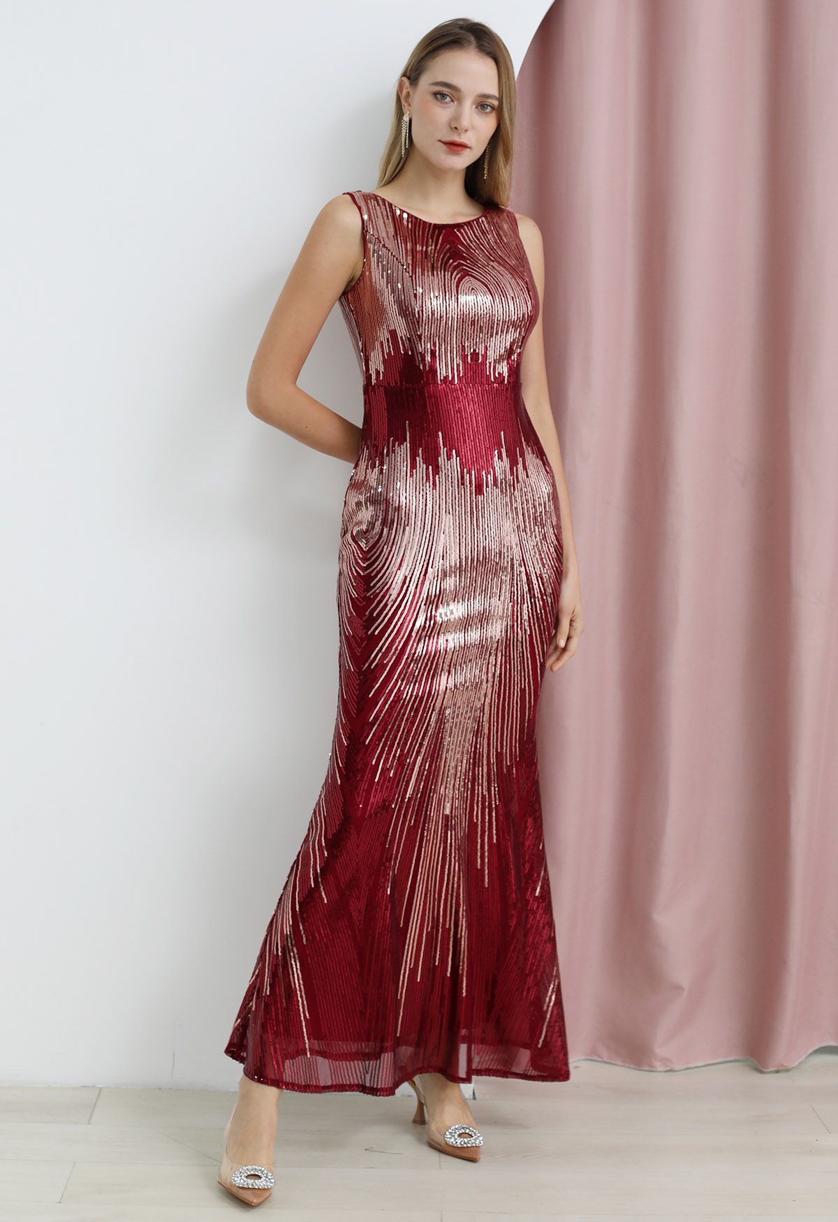 Iridescent Sequined Sleeveless Bodycon Gown in Burgundy