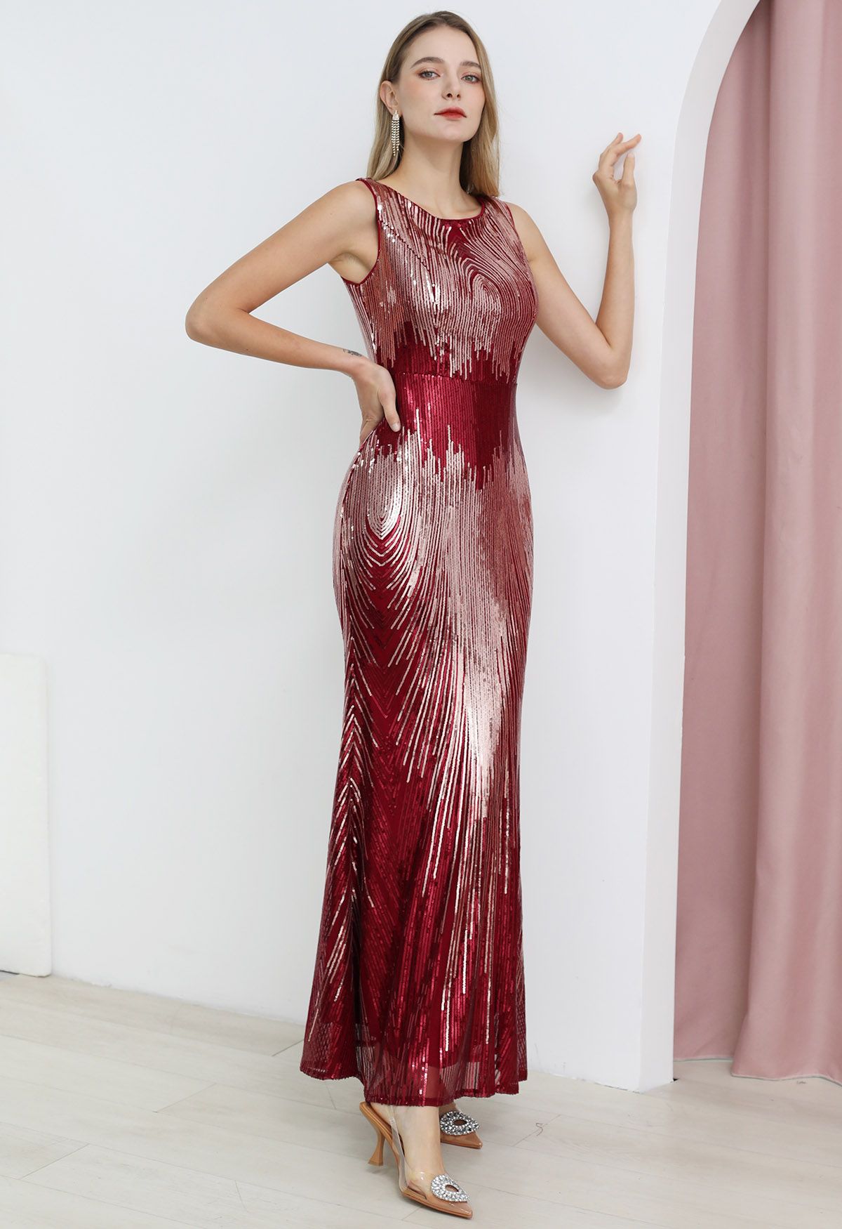 Iridescent Sequined Sleeveless Bodycon Gown in Burgundy