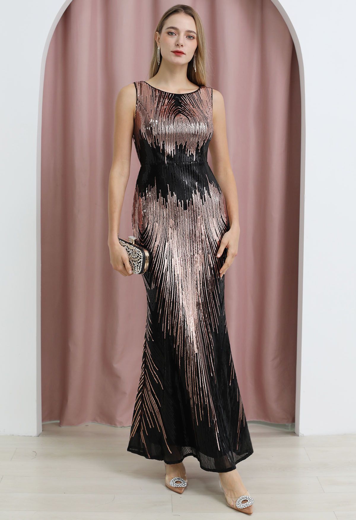 Iridescent Sequined Sleeveless Bodycon Gown in Black
