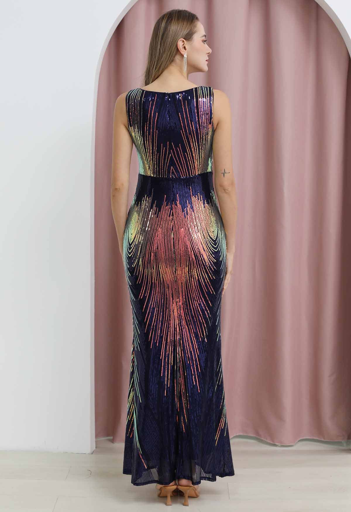 Iridescent Sequined Sleeveless Bodycon Gown in Navy