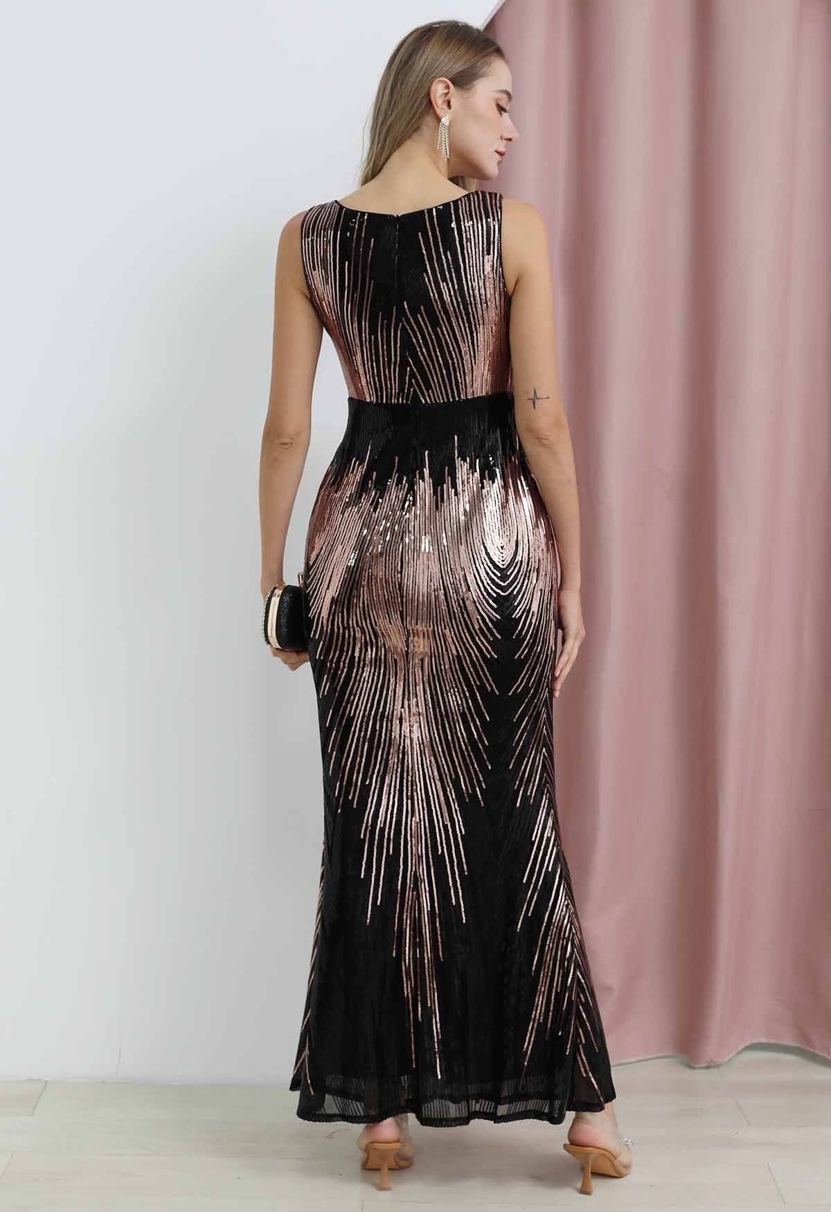 Iridescent Sequined Sleeveless Bodycon Gown in Black