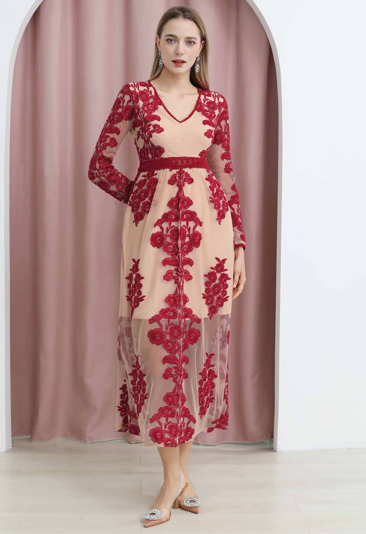 V-Neck Floral Embroidered Mesh Maxi Dress in Wine
