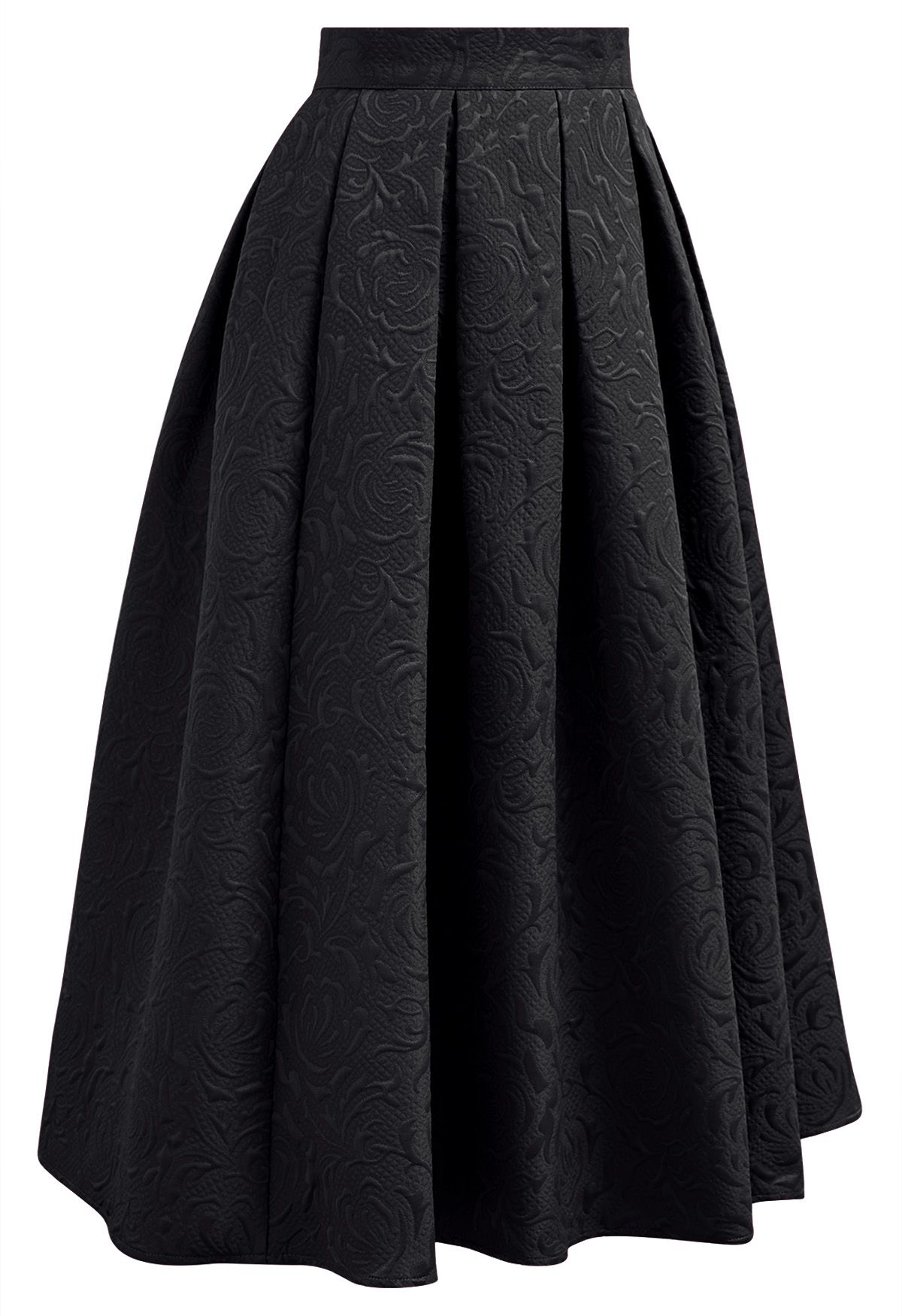 Embossed Floral Pleated Flare Midi Skirt in Black - Retro, Indie and ...