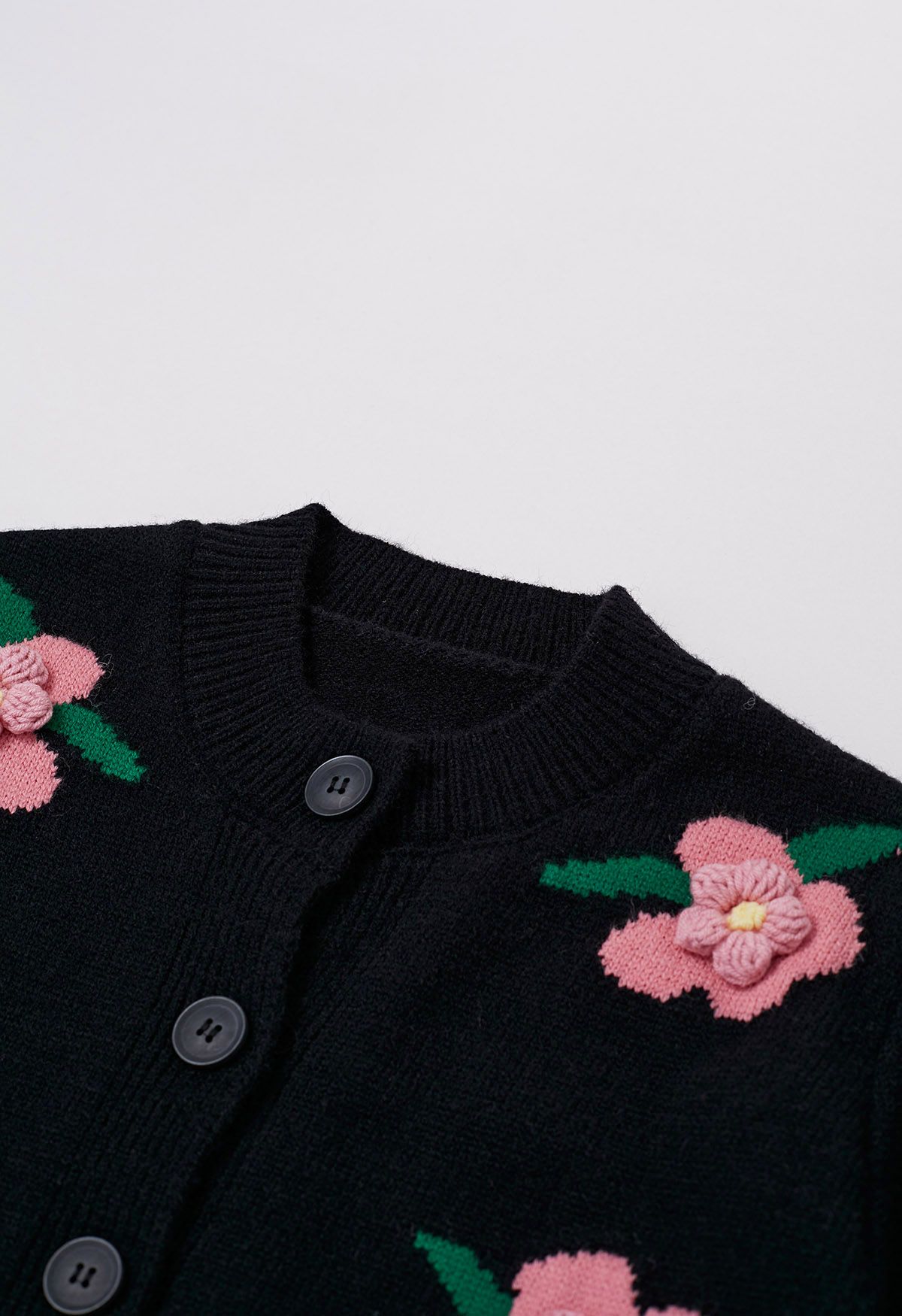3D Stitch Flower Embroidered Button Down Cardigan in Black