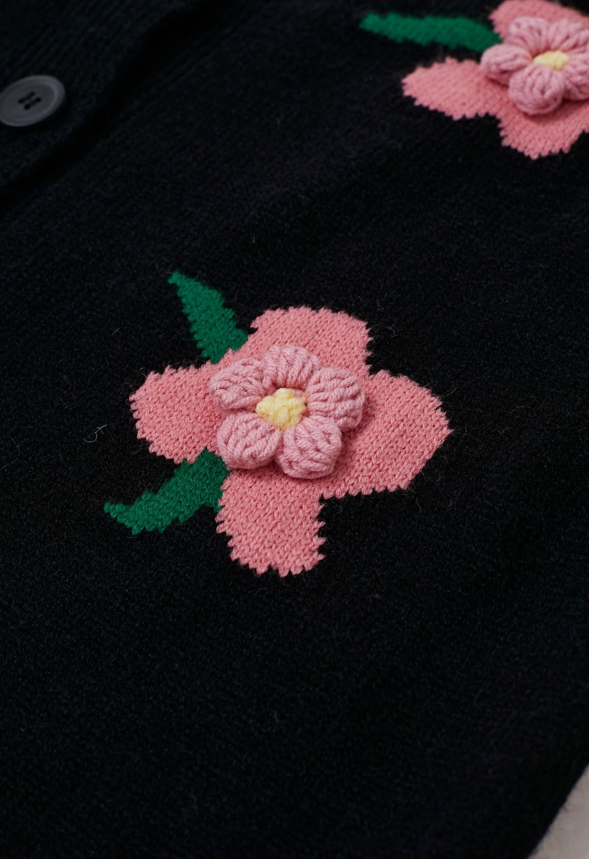 3D Stitch Flower Embroidered Button Down Cardigan in Black