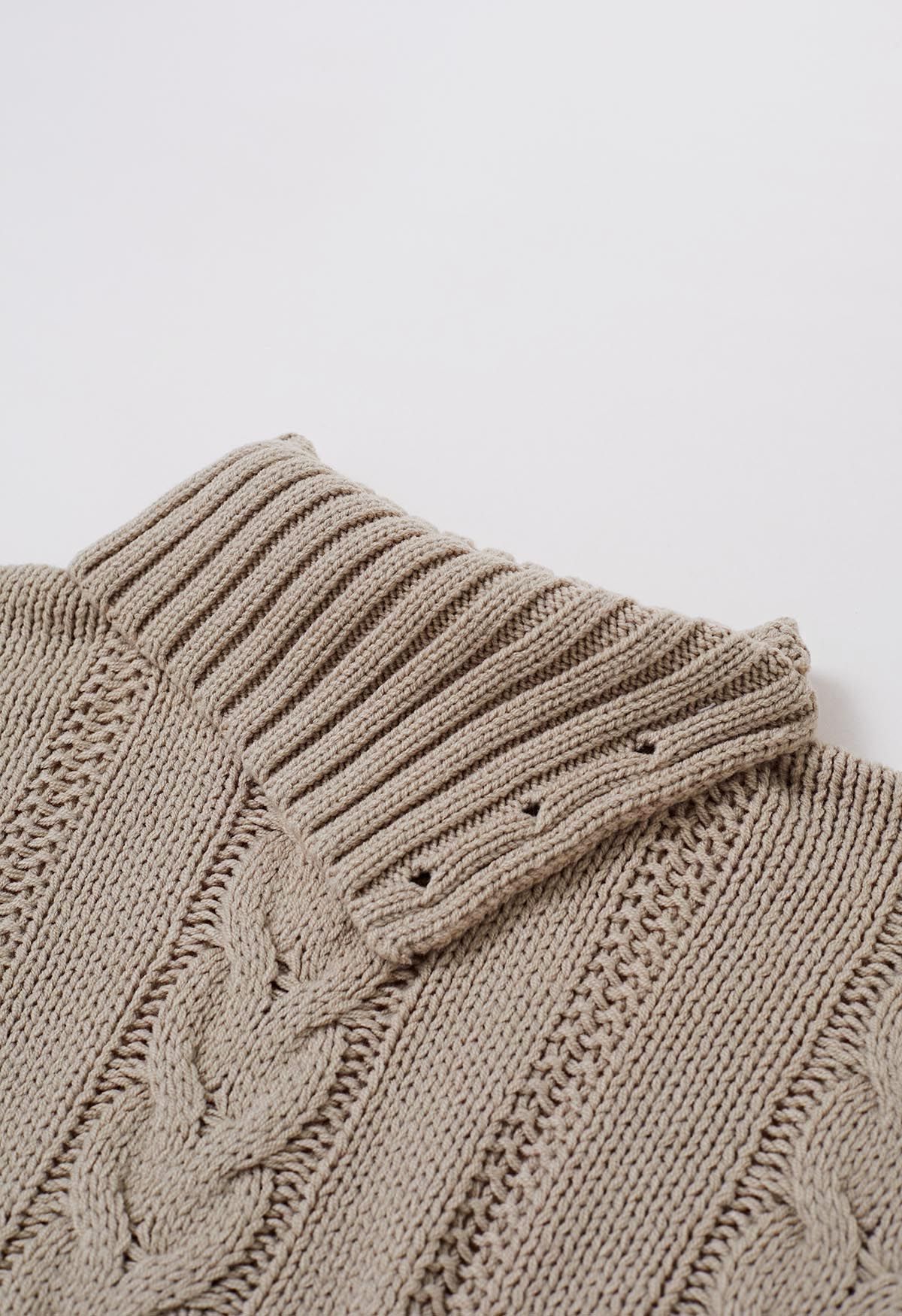 Side Button Cowl Neck Cable Knit Sweater in Light Tan