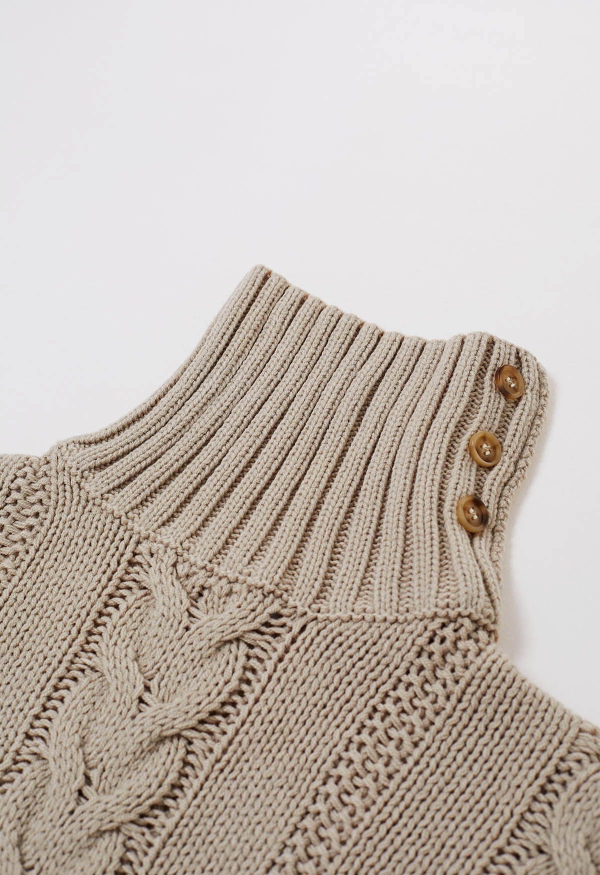 Side Button Cowl Neck Cable Knit Sweater in Light Tan