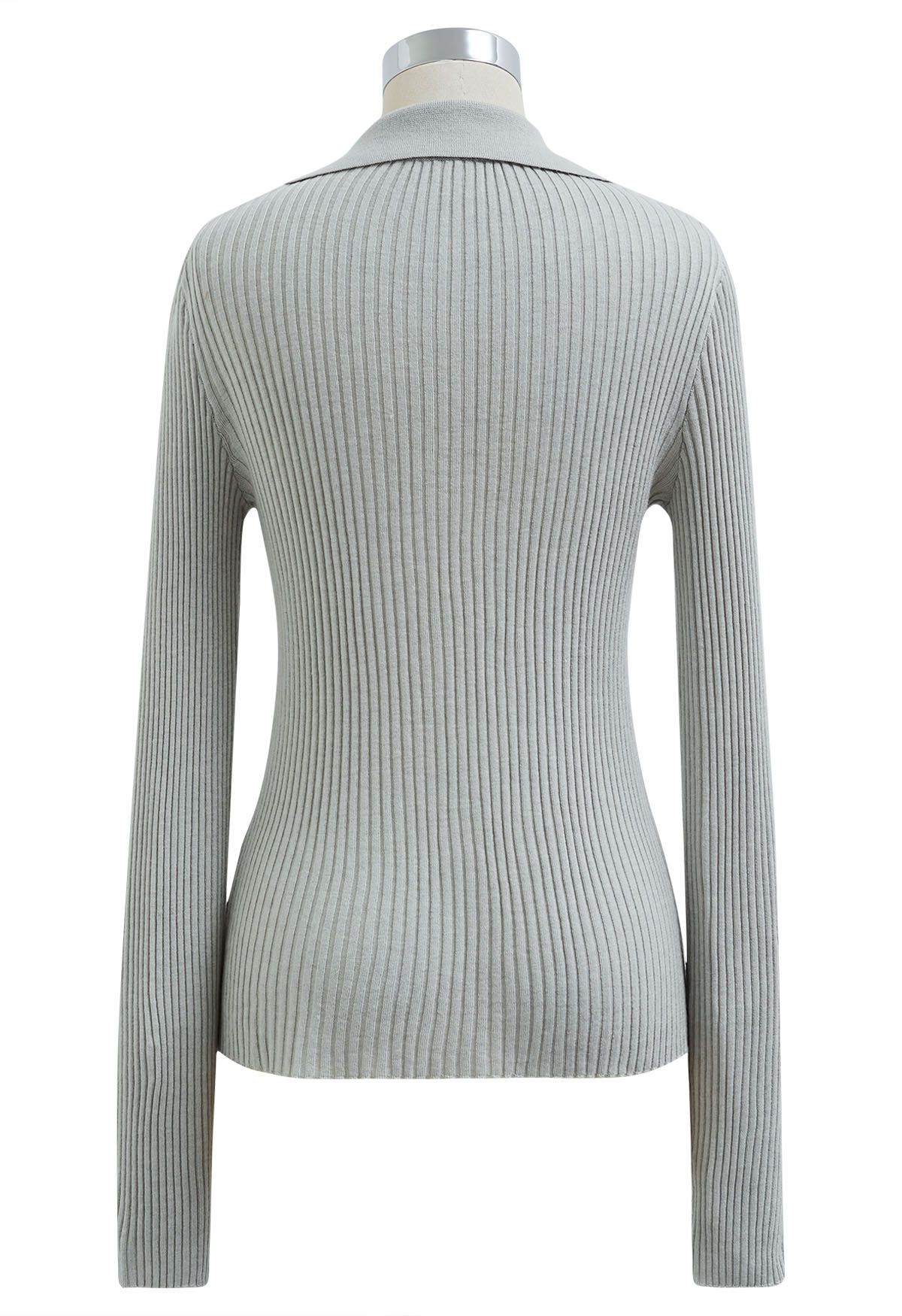 V-Neck Collared Fitted Knit Top in Mint